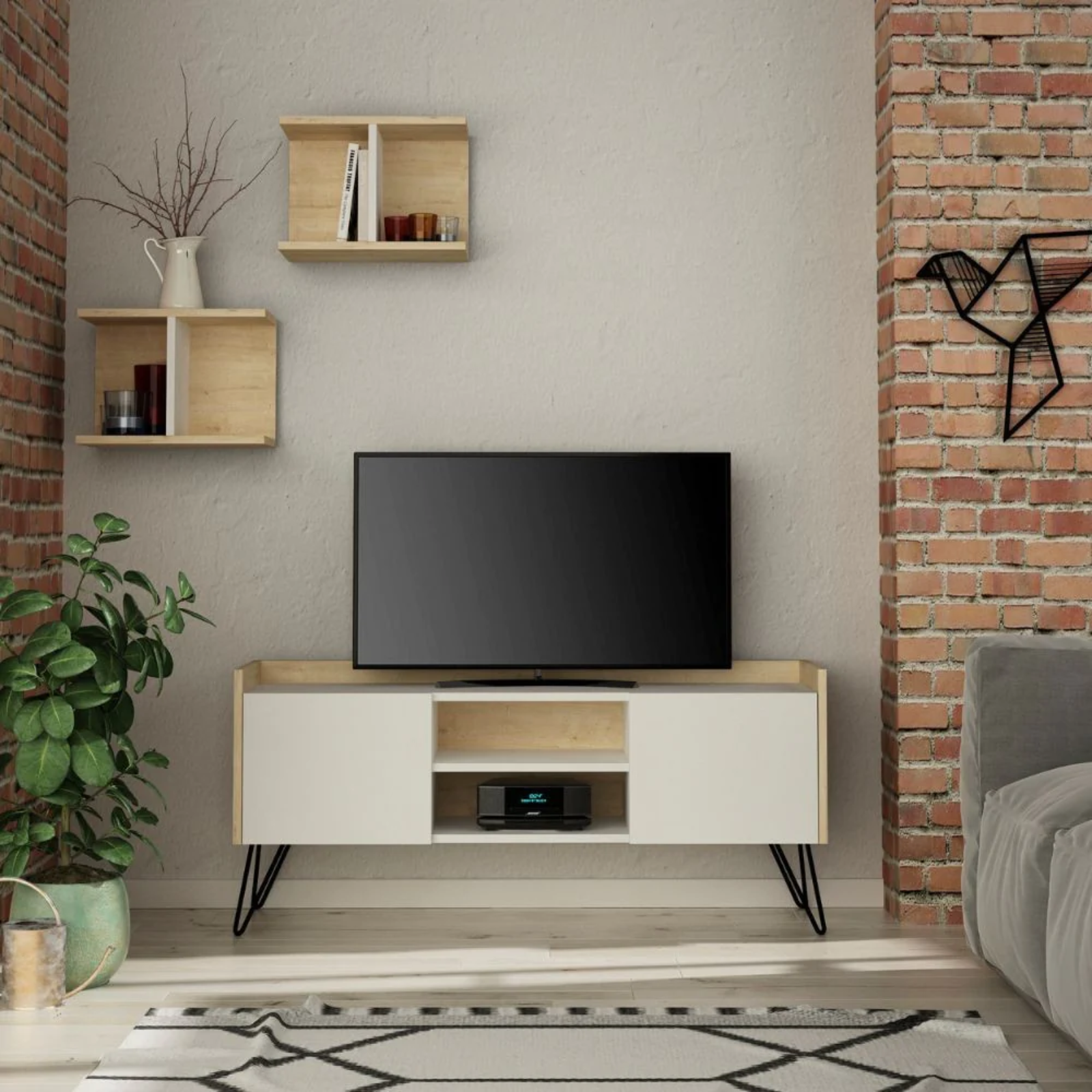 Mobile Porta Tv con 2 ante 1 vano a giorno e mensole da parete design moderno con gambe in metallo verniciato nero