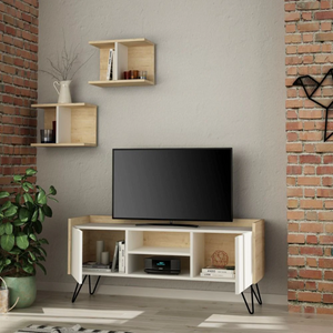 Mobile Porta Tv con 2 ante 1 vano a giorno e mensole da parete design moderno con gambe in metallo verniciato nero