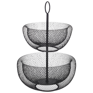 Alzatina porta frutta a 2 livelli in metallo nero verniciato design moderno a maglia
