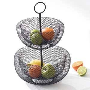 Alzatina porta frutta a 2 livelli in metallo nero verniciato design moderno a maglia