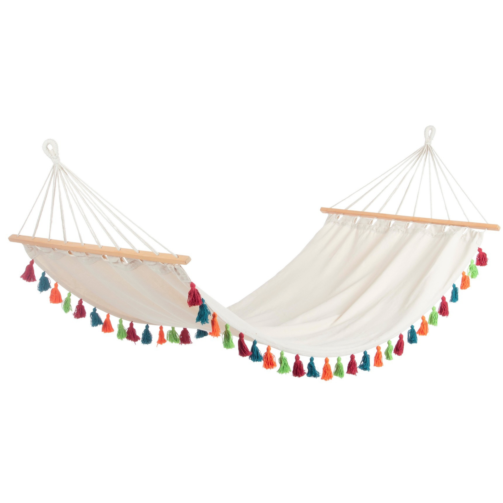 Amaca con traverse in legno e seduta in tessuto poli cotone design moderno con Pon Pon 200x100