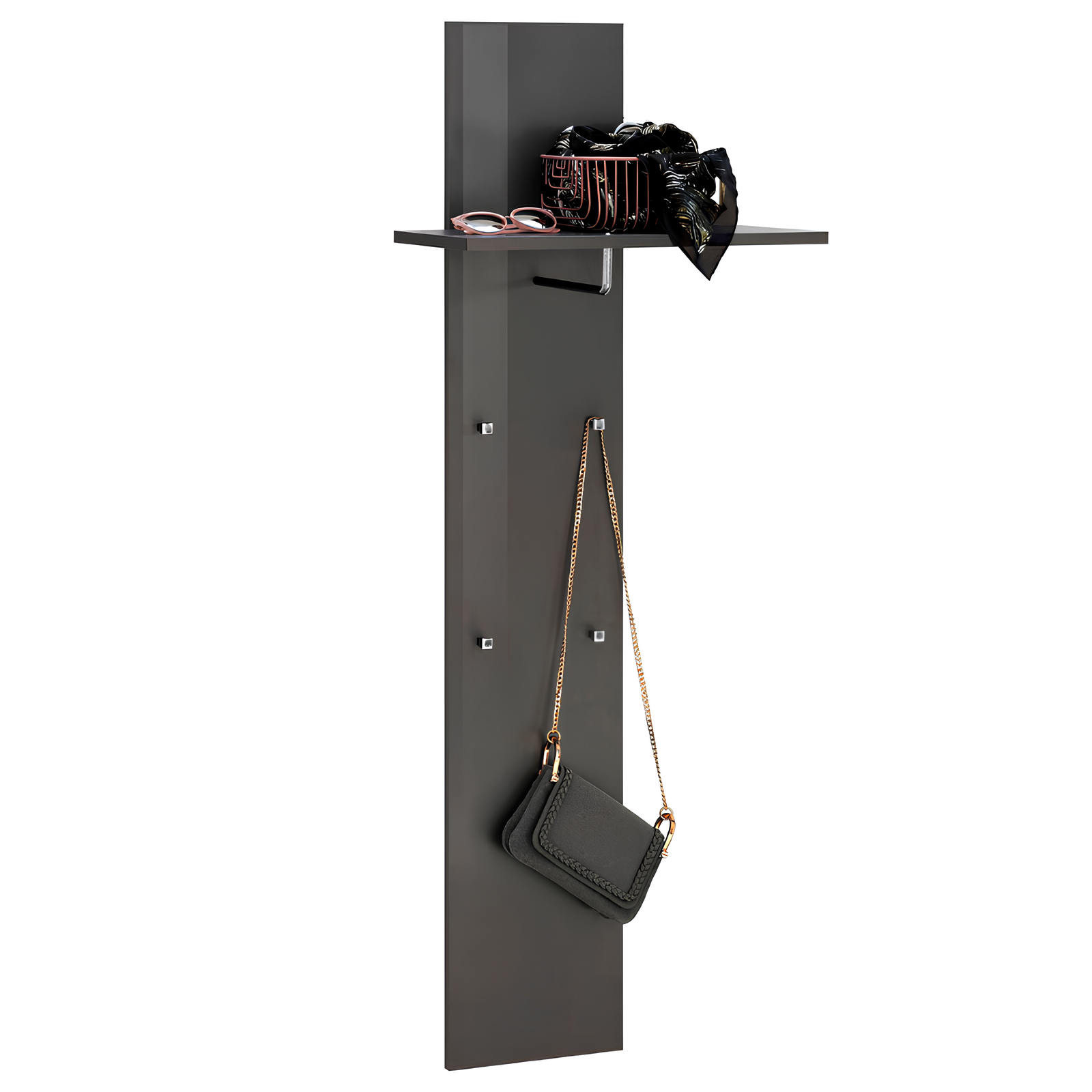 Appendiabiti da parete design moderno antracite lucido con mensola porta oggetti asta e 4 pomelli - Ecla