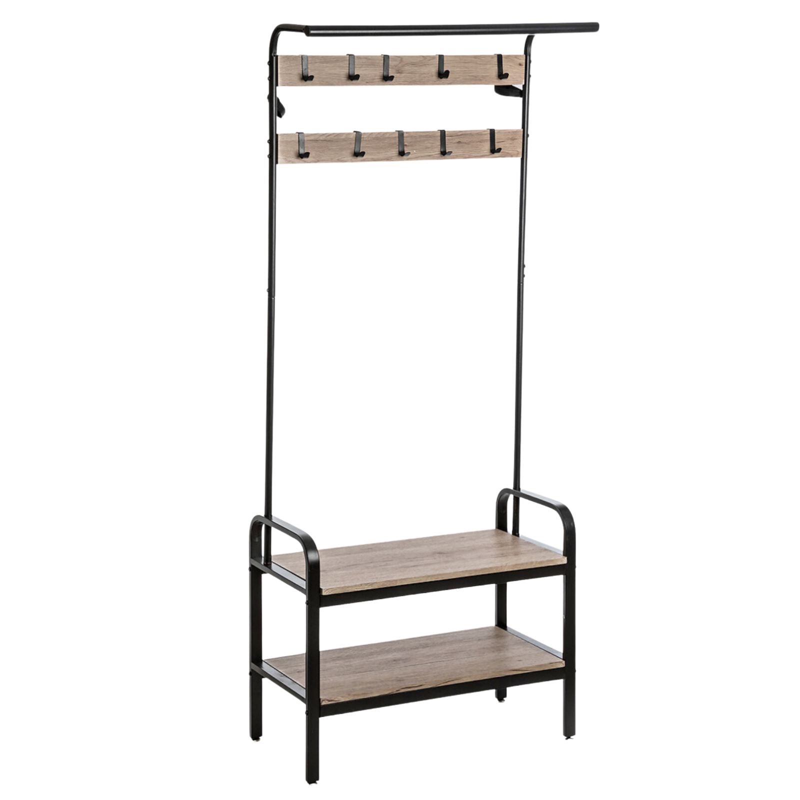 Appendiabito da terra design moderno in legno e metallo con ripiano inferiore porta scarpe - Jano