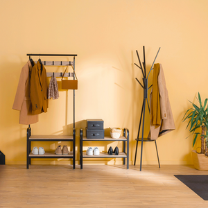 Appendiabito da terra design moderno in legno e metallo con ripiano inferiore porta scarpe - Jano