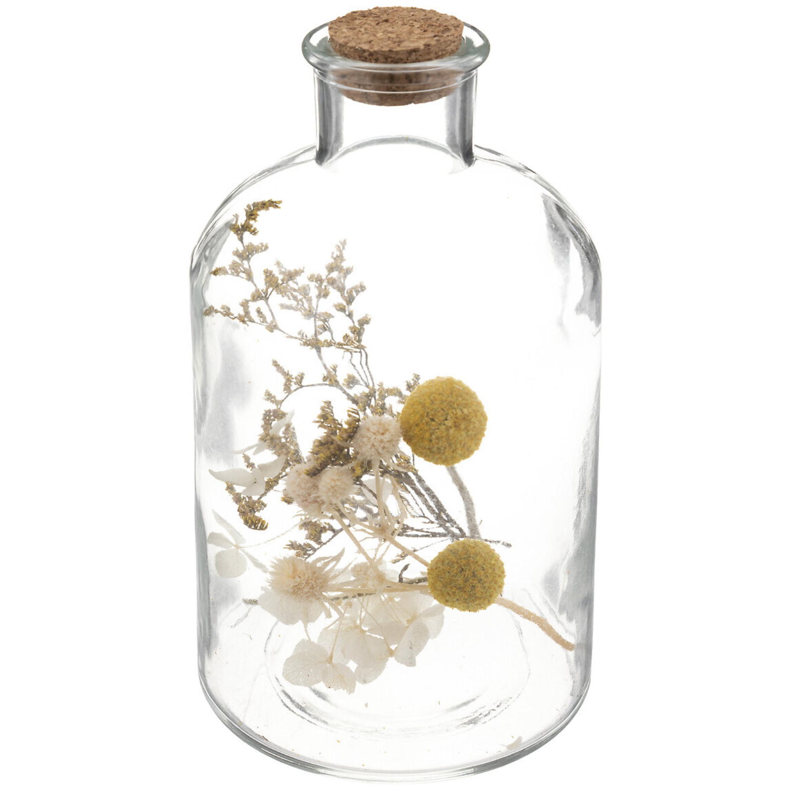 Barattolo in vetro decorato con piante artificiali H 21 cm