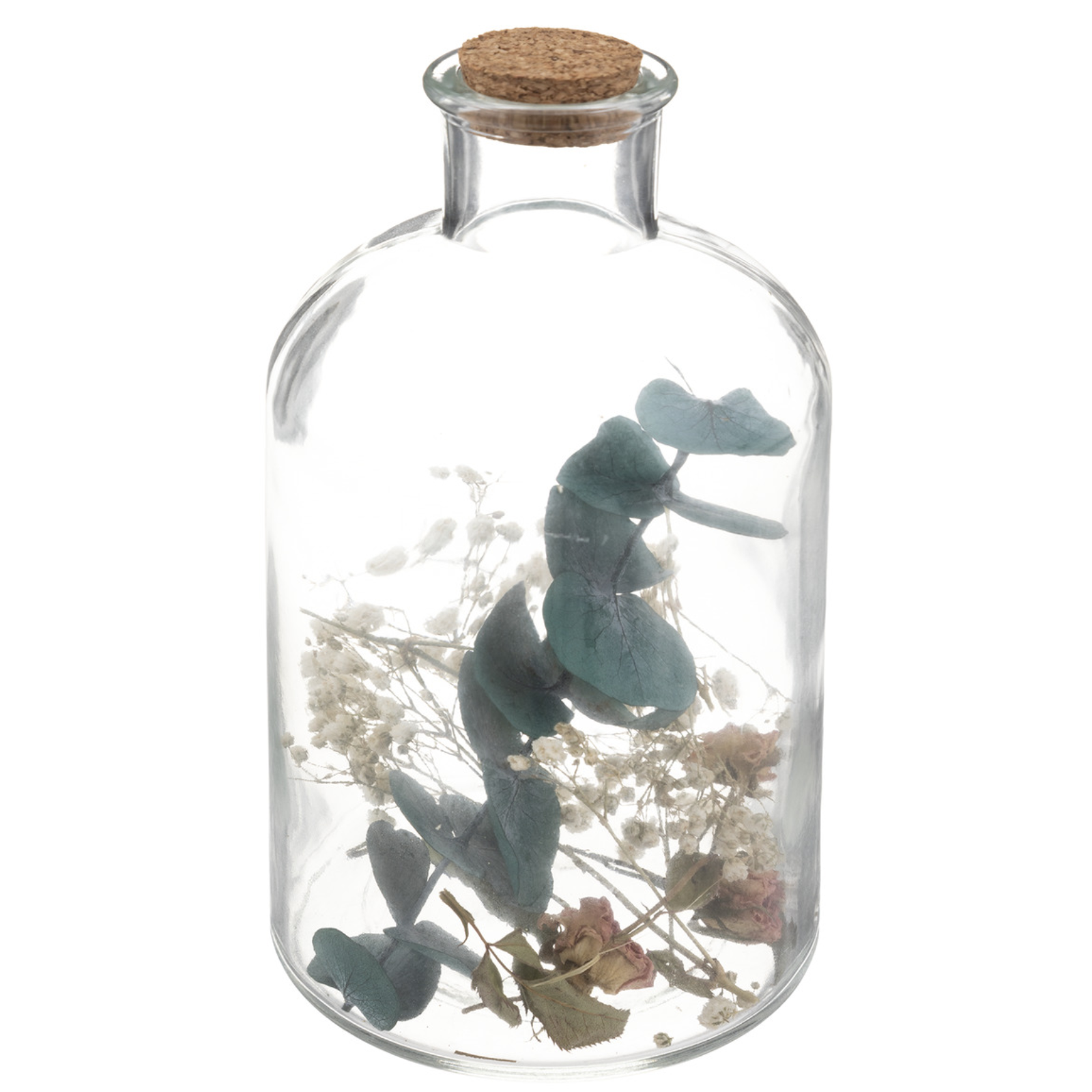 Barattolo in vetro decorato con piante artificiali H 21 cm