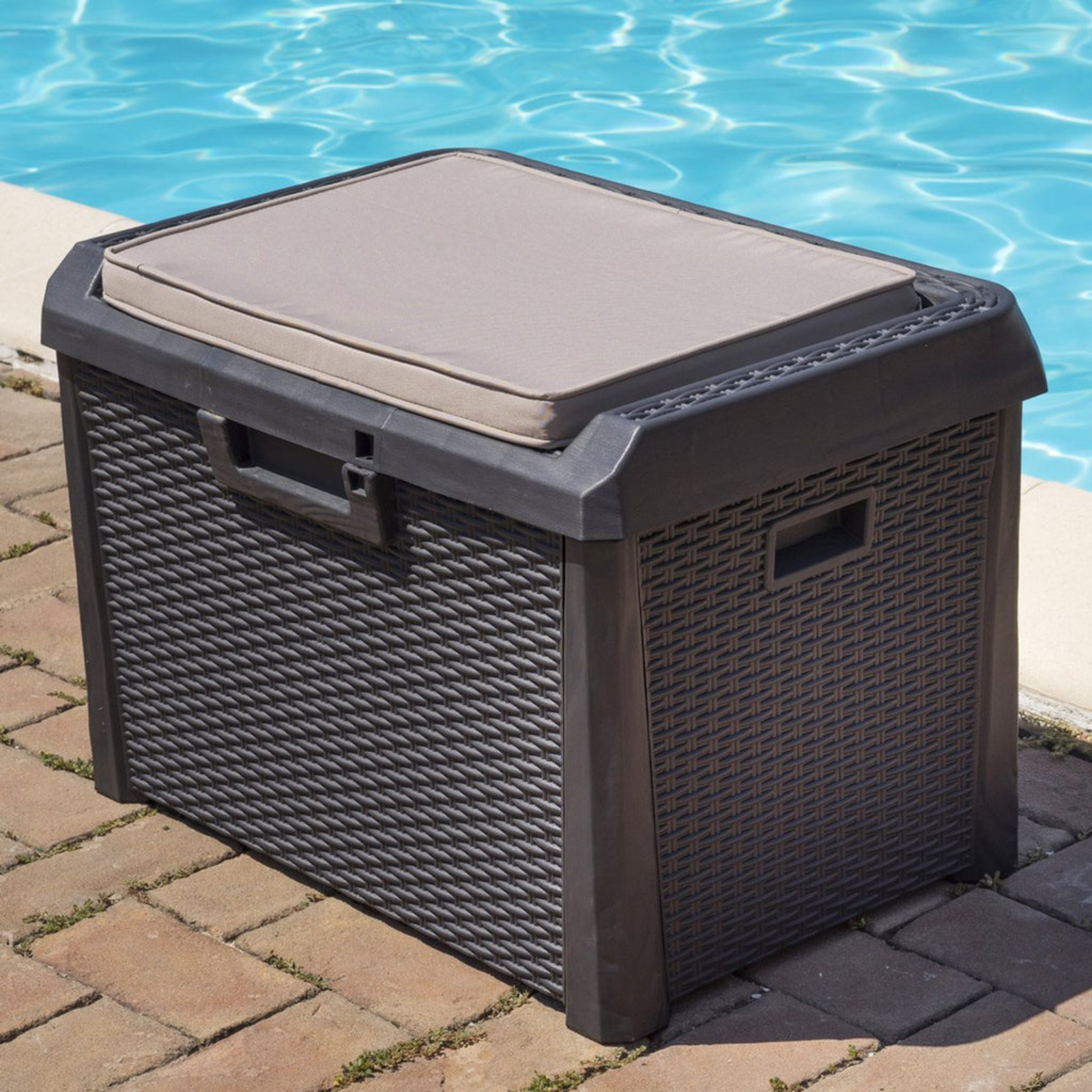 Baule cassapanca contenitore da esterno o interno antracite "Torino Compact" in resina con finitura rattan dotato di cuscino