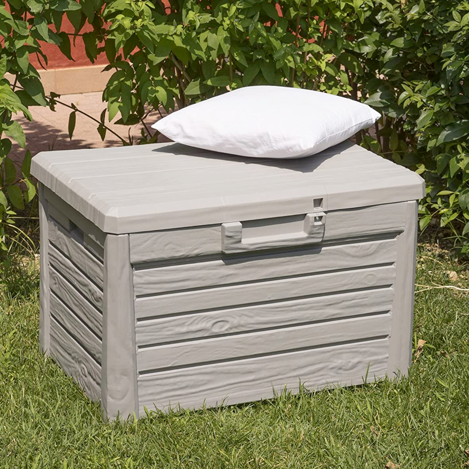 Baule contenitore multiuso "Canada" grigio tortora per interno o esterno in resina finitura doghe effetto legno