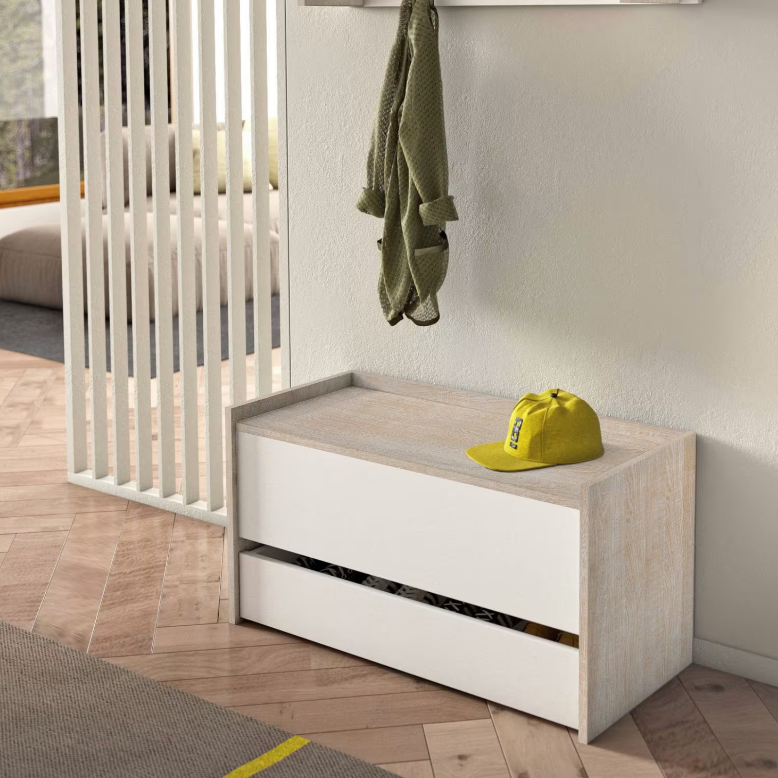 Baule contenitore in legno bianco e rovere con cassetto design moderno multiuso da interno - Hall