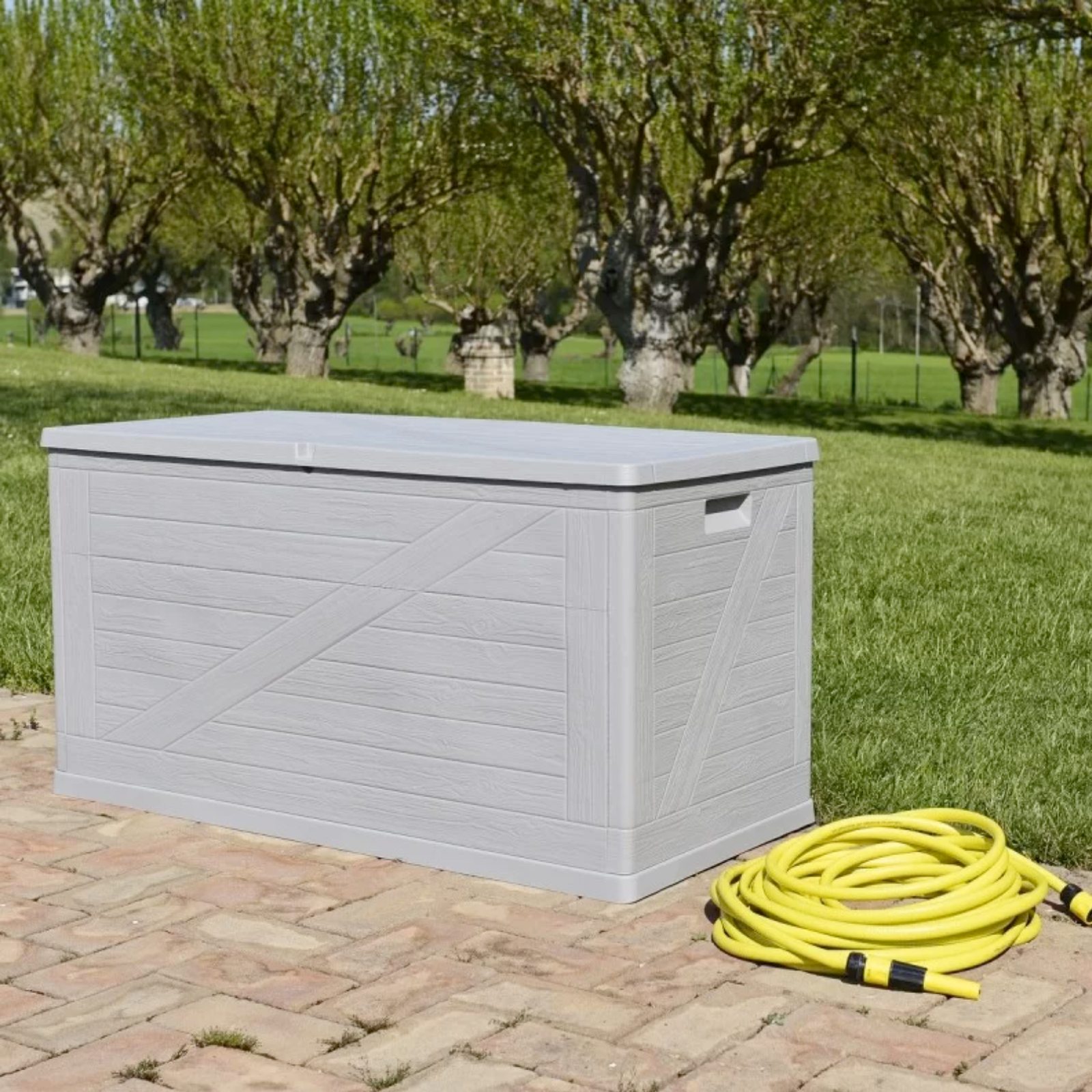 Baule multiuso in resina design moderno simil legno 420 Litri Grigio