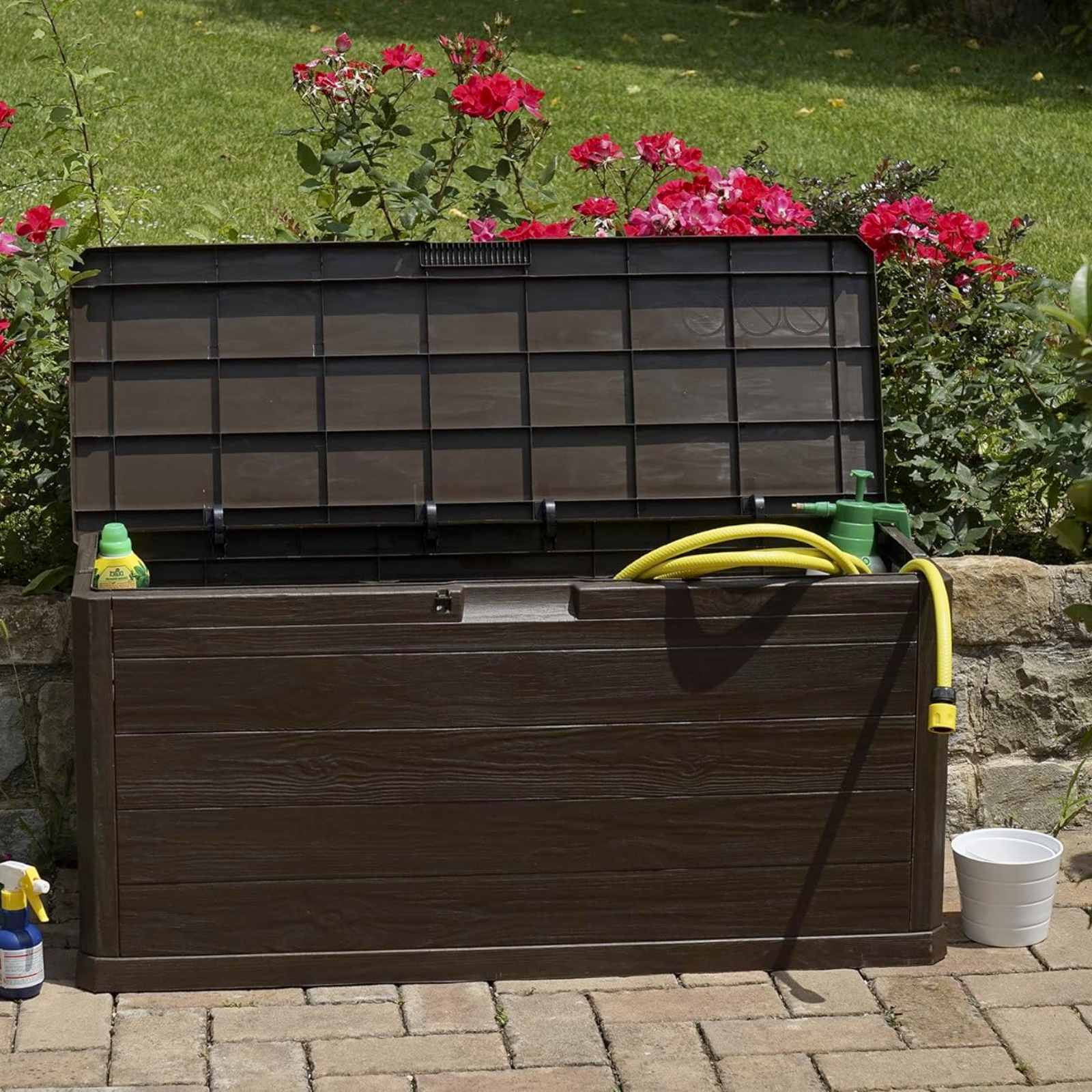 Baule in resina multiuso design moderno effetto doghe in legno marrone