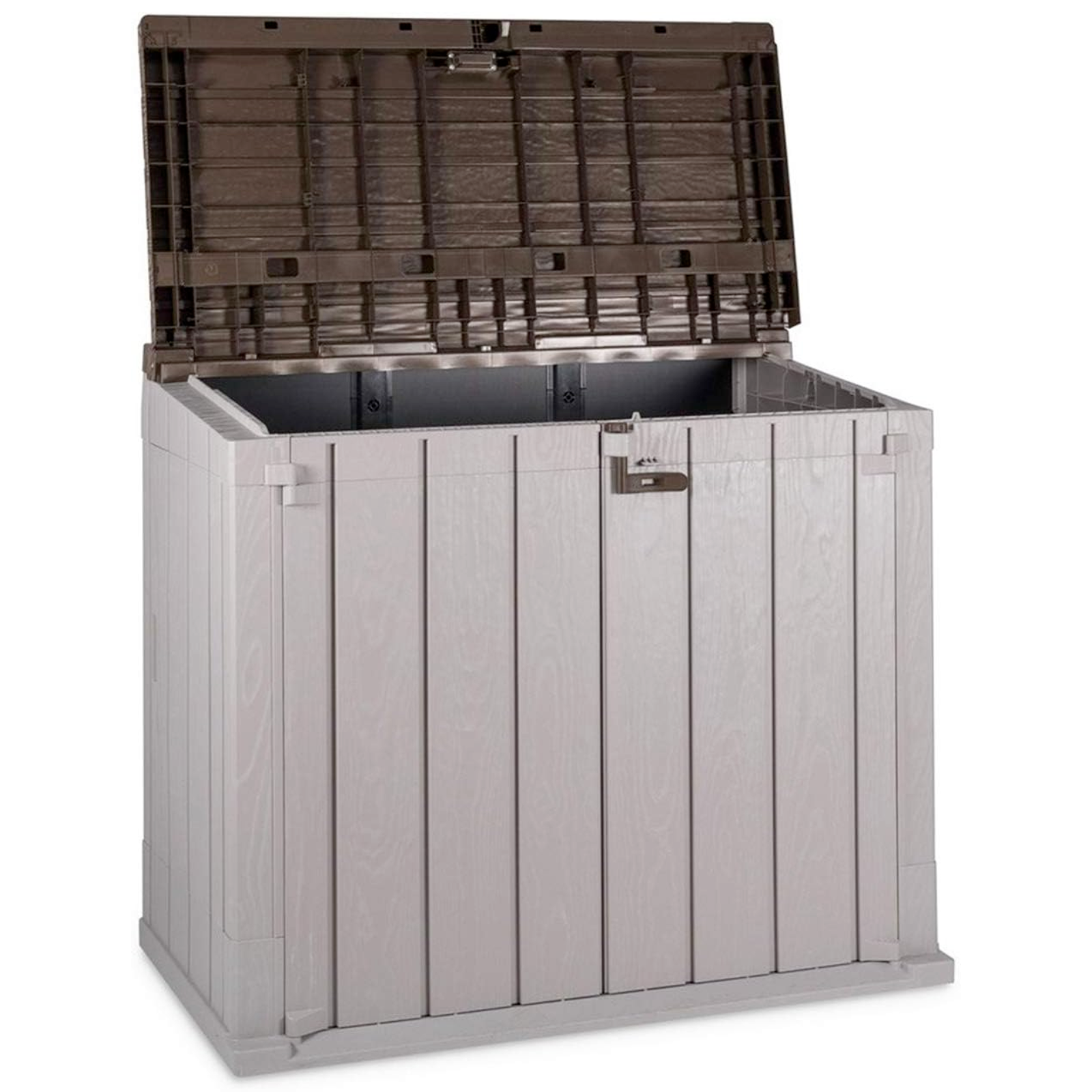 Baule in resina porta attrezzi da esterno con 2 ante e 1 coperchio apribile lucchettabile