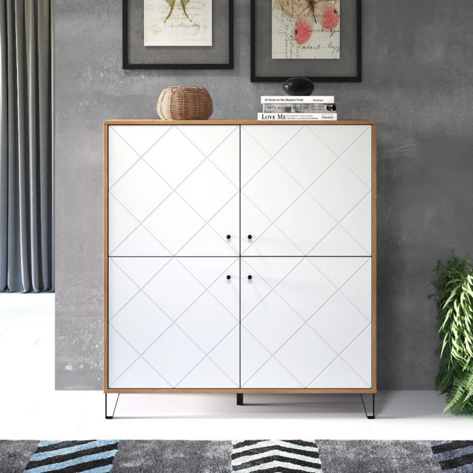 Credenza alta multiuso in legno 123x135H 4 ante e ripiani interni rovere e bianco - Linea Bolli