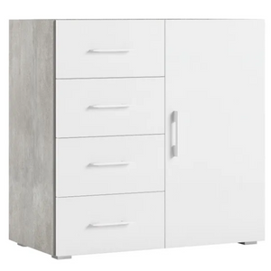 Cassettiera multiuso con 4 cassetti scorrevoli e 1 anta frontali bianchi e struttura cemento - Contempy