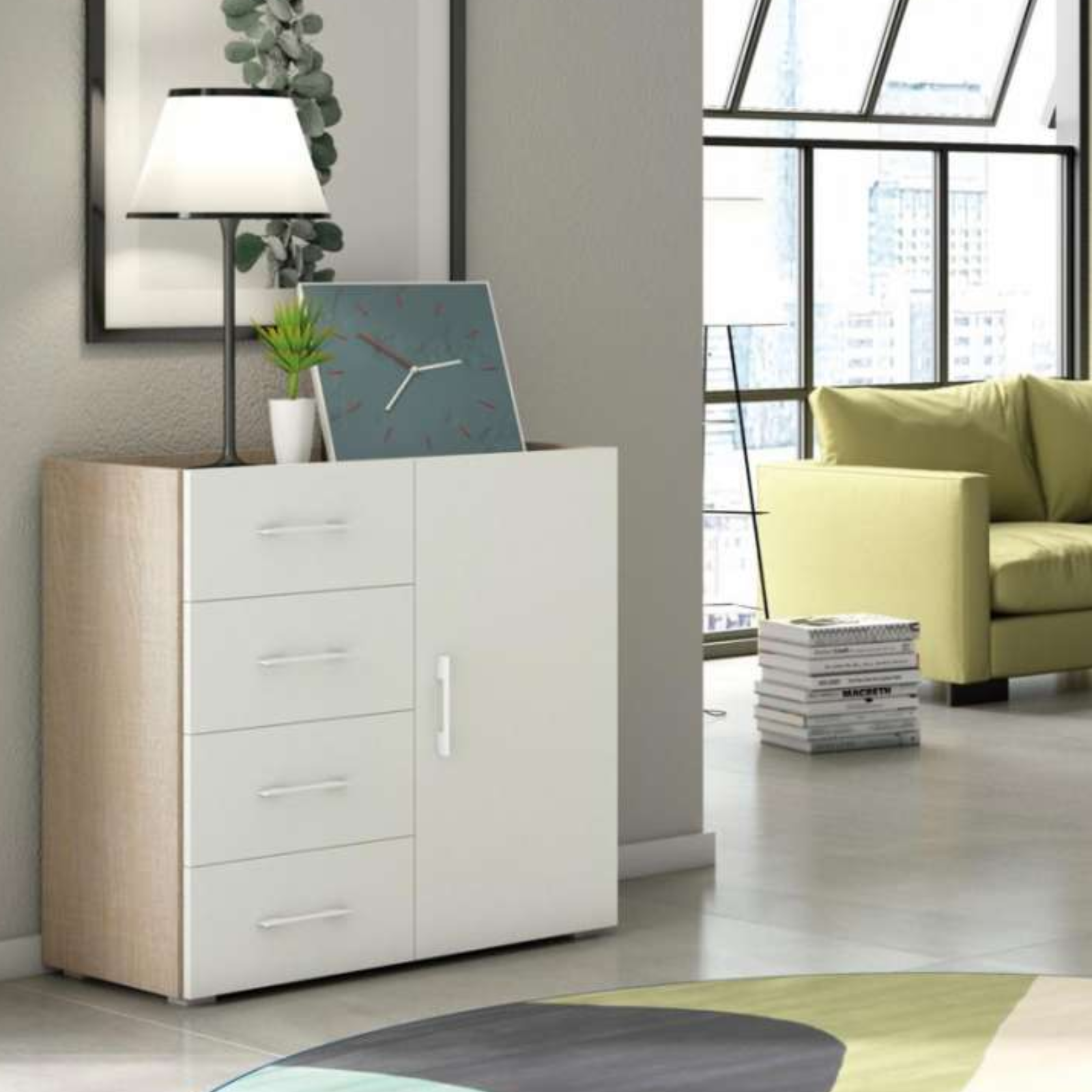 Cassettiera multiuso con 4 cassetti scorrevoli e 1 anta frontali bianchi e struttura rovere - Contempy