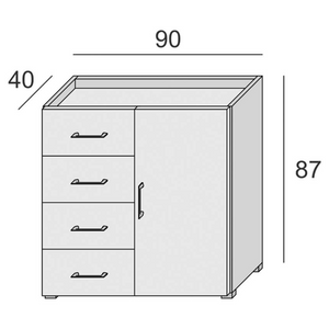 Cassettiera multiuso con 4 cassetti scorrevoli e 1 anta frontali bianchi e struttura cemento - Contempy