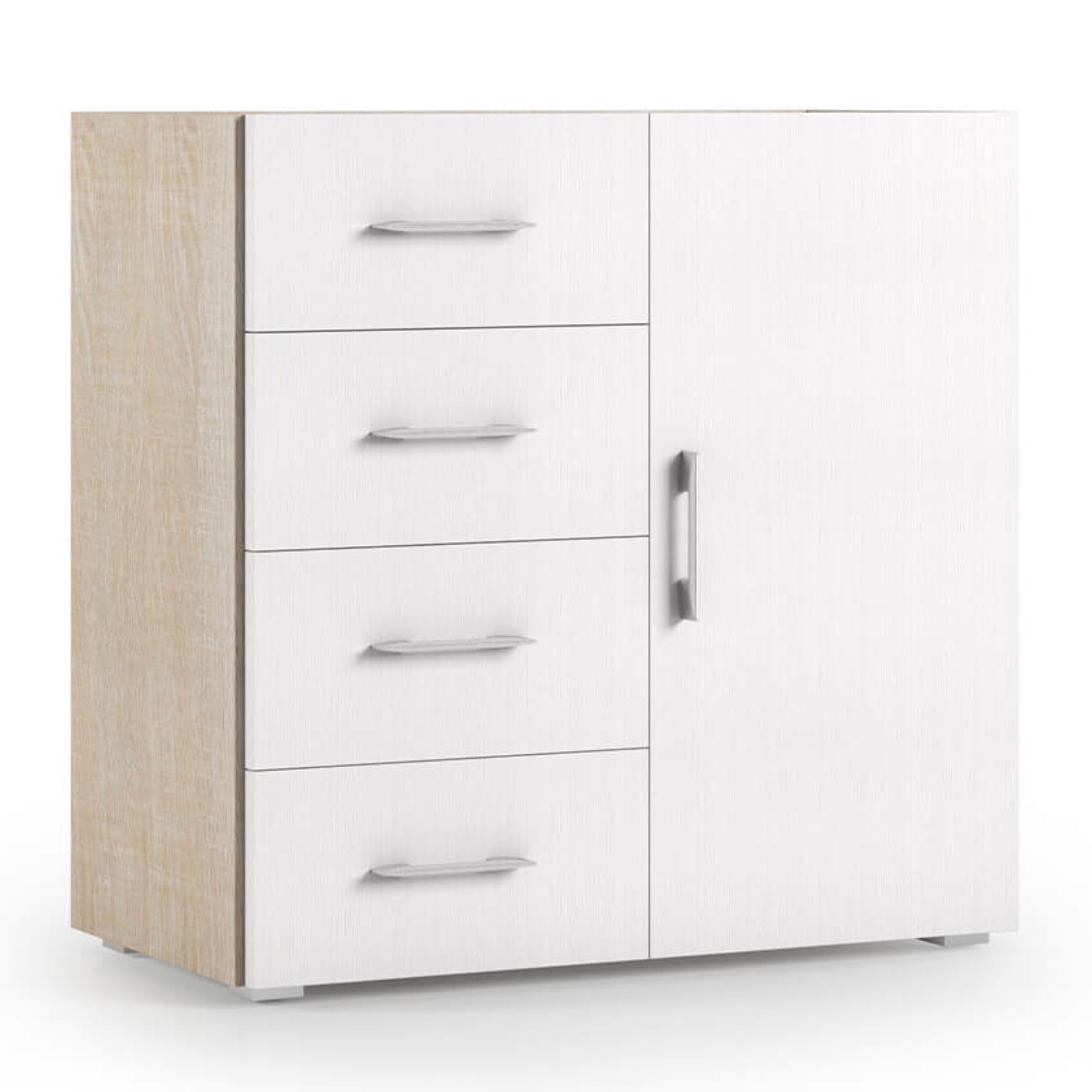 Cassettiera multiuso con 4 cassetti scorrevoli e 1 anta frontali bianchi e struttura rovere - Contempy