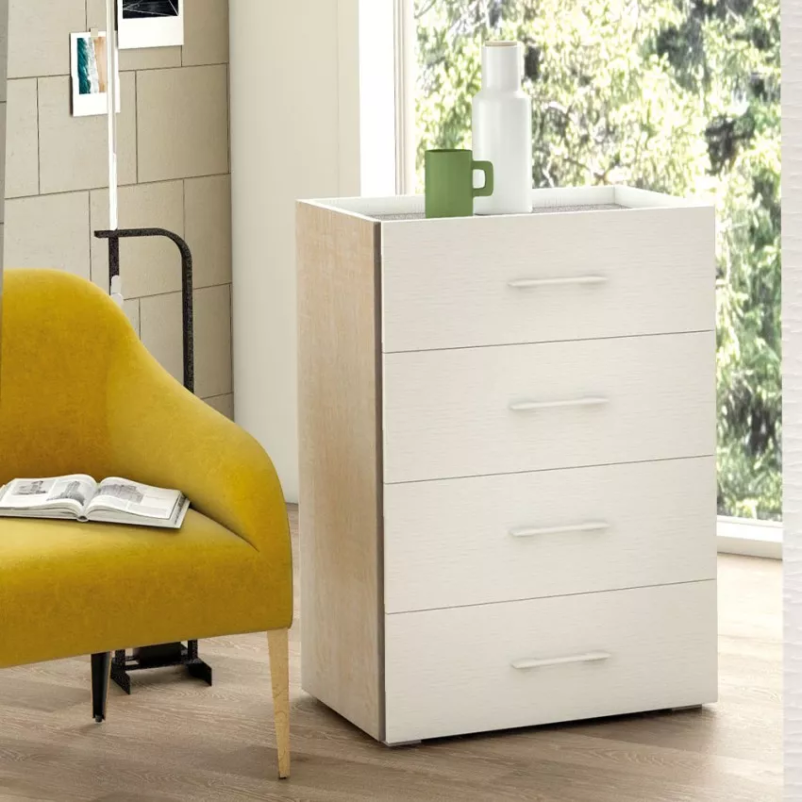 Cassettiera 4 cassetti in legno con frontali bianco e struttura rovere - Contempy