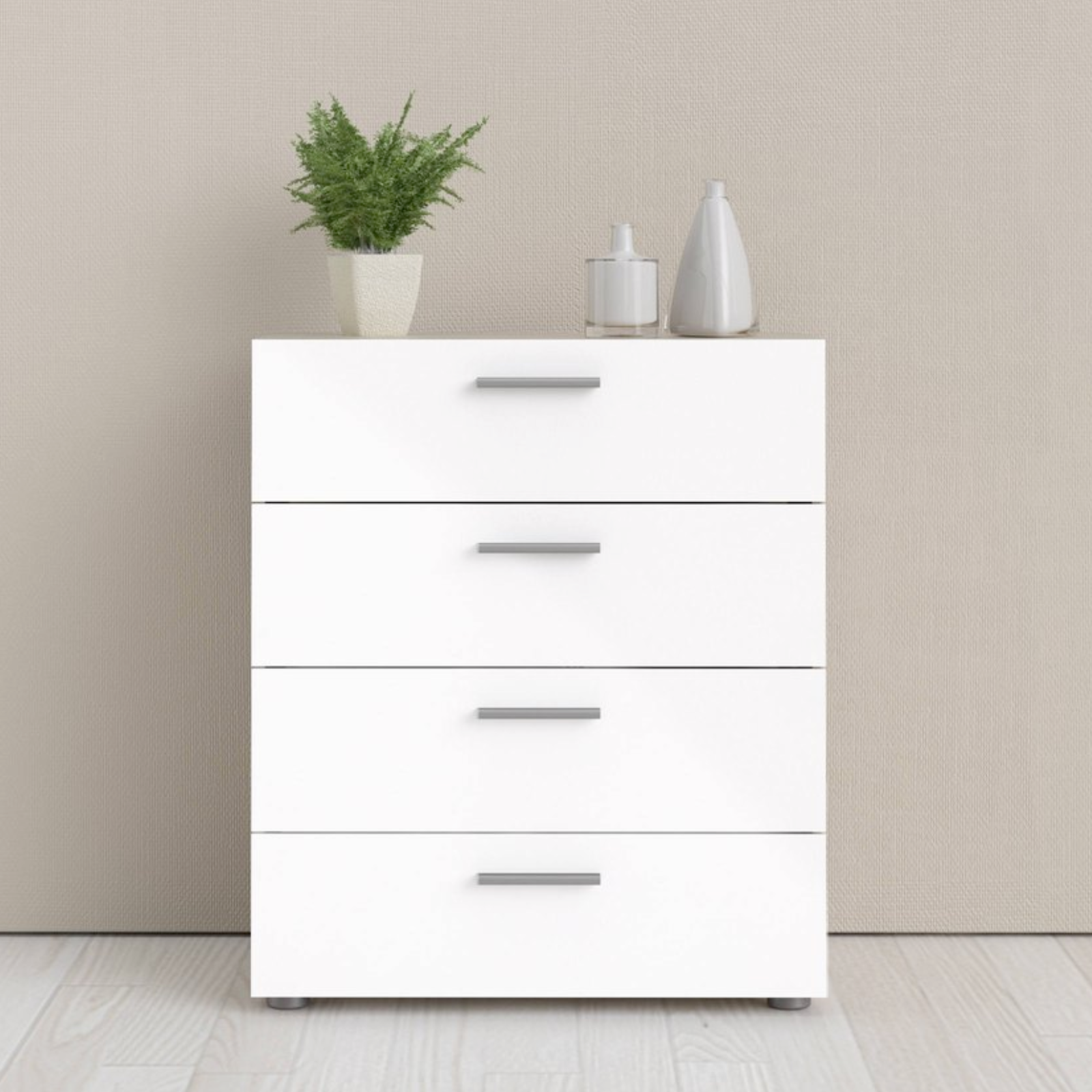 Cassettiera multiuso in legno "Marta" salvaspazio con 4 cassetti quercia e bianco lucido per cameretta,soggiorno o camera da letto