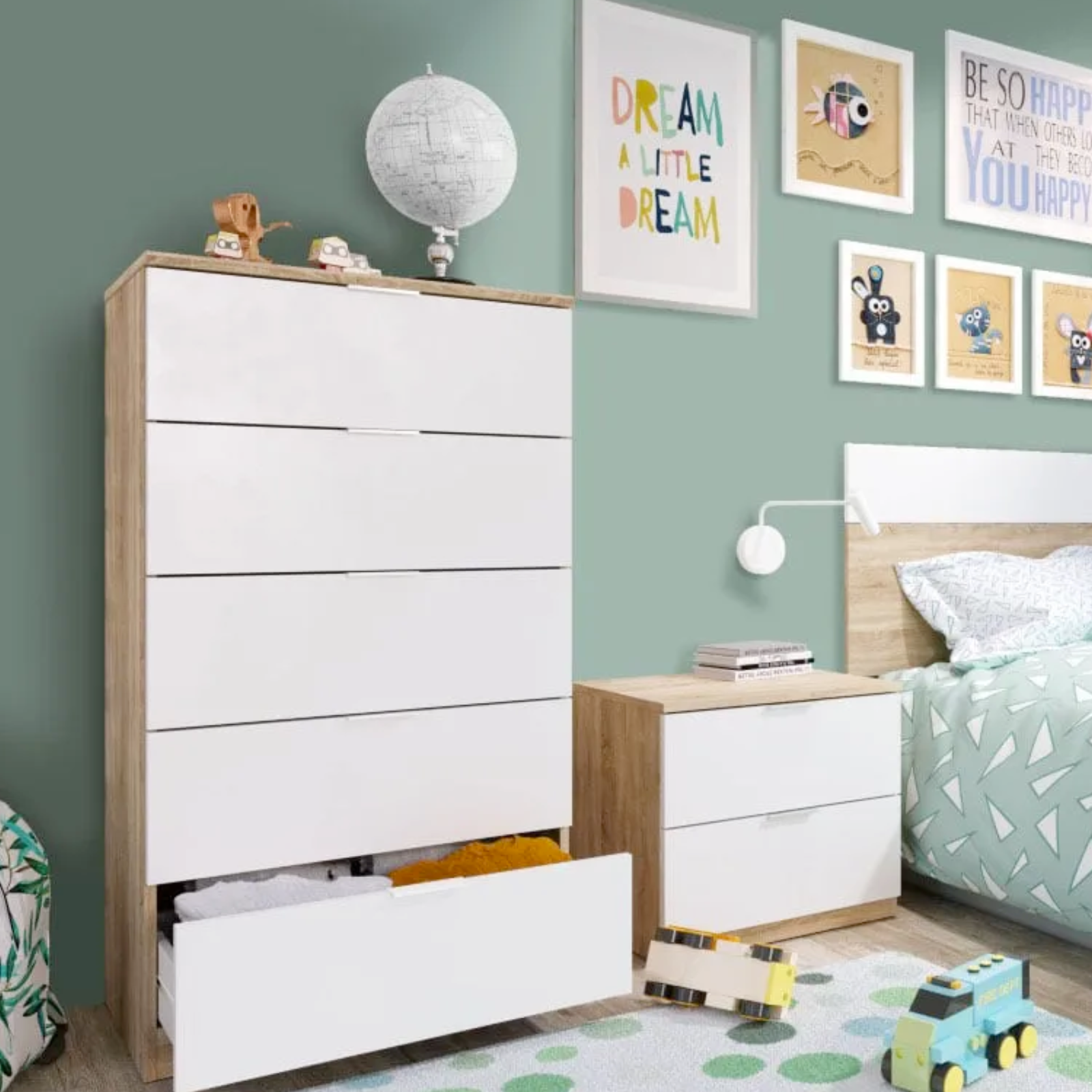 Cassettiera in legno "Luna" alta rovere e bianca con 5 cassetti guide metalliche e tacchetti antigraffio