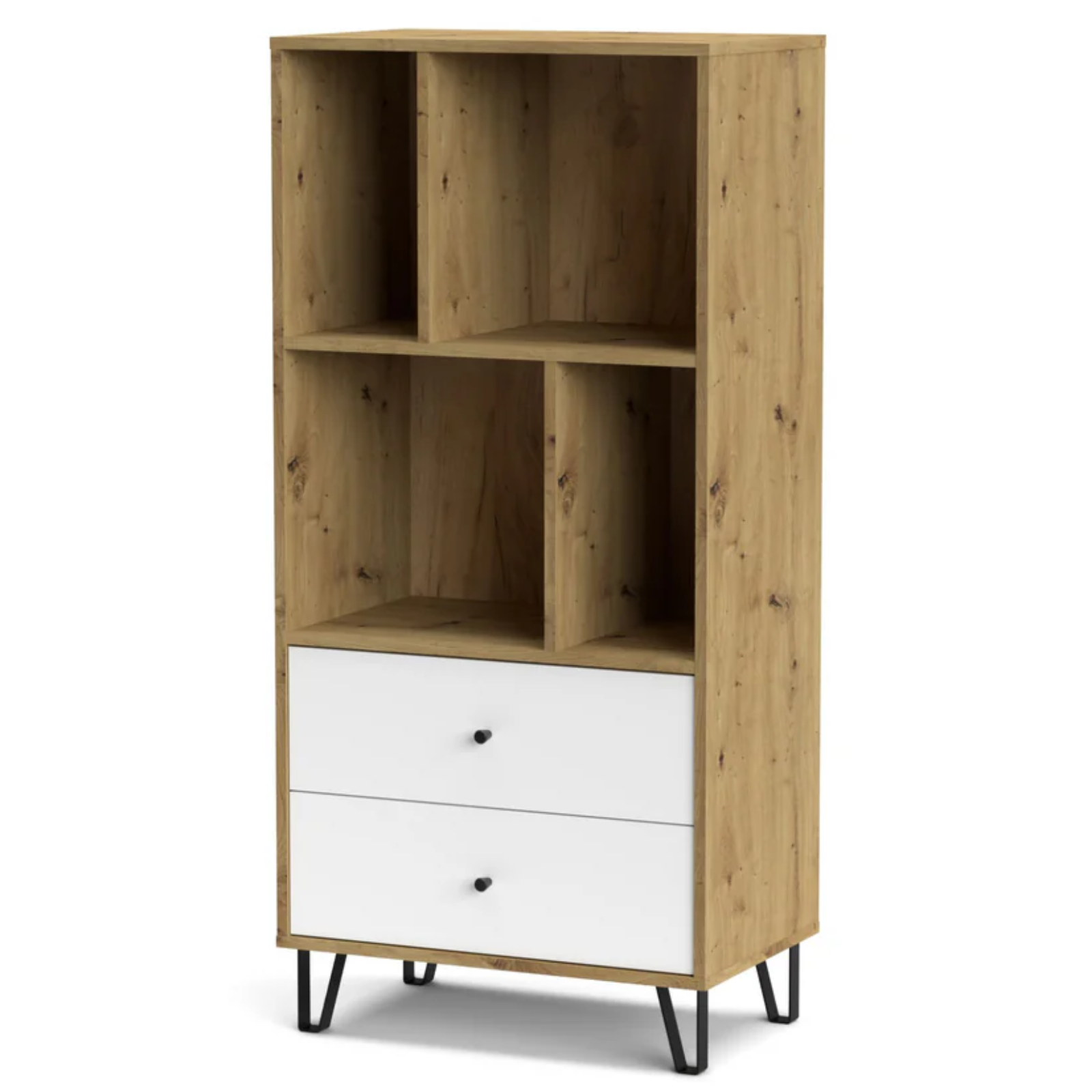 Cassettiera multiuso in legno 63x135H 2 cassetti e vani a giorno rovere e bianco - Linea Bolli