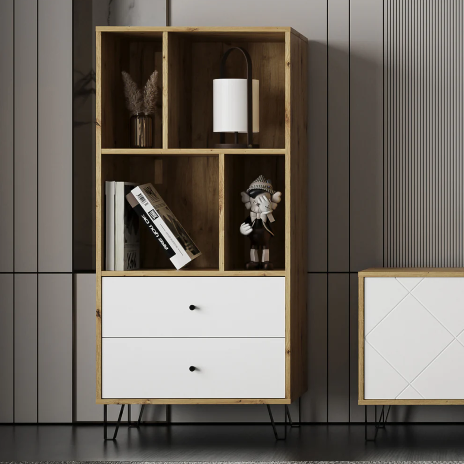 Cassettiera multiuso in legno 63x135H 2 cassetti e vani a giorno rovere e bianco - Linea Bolli