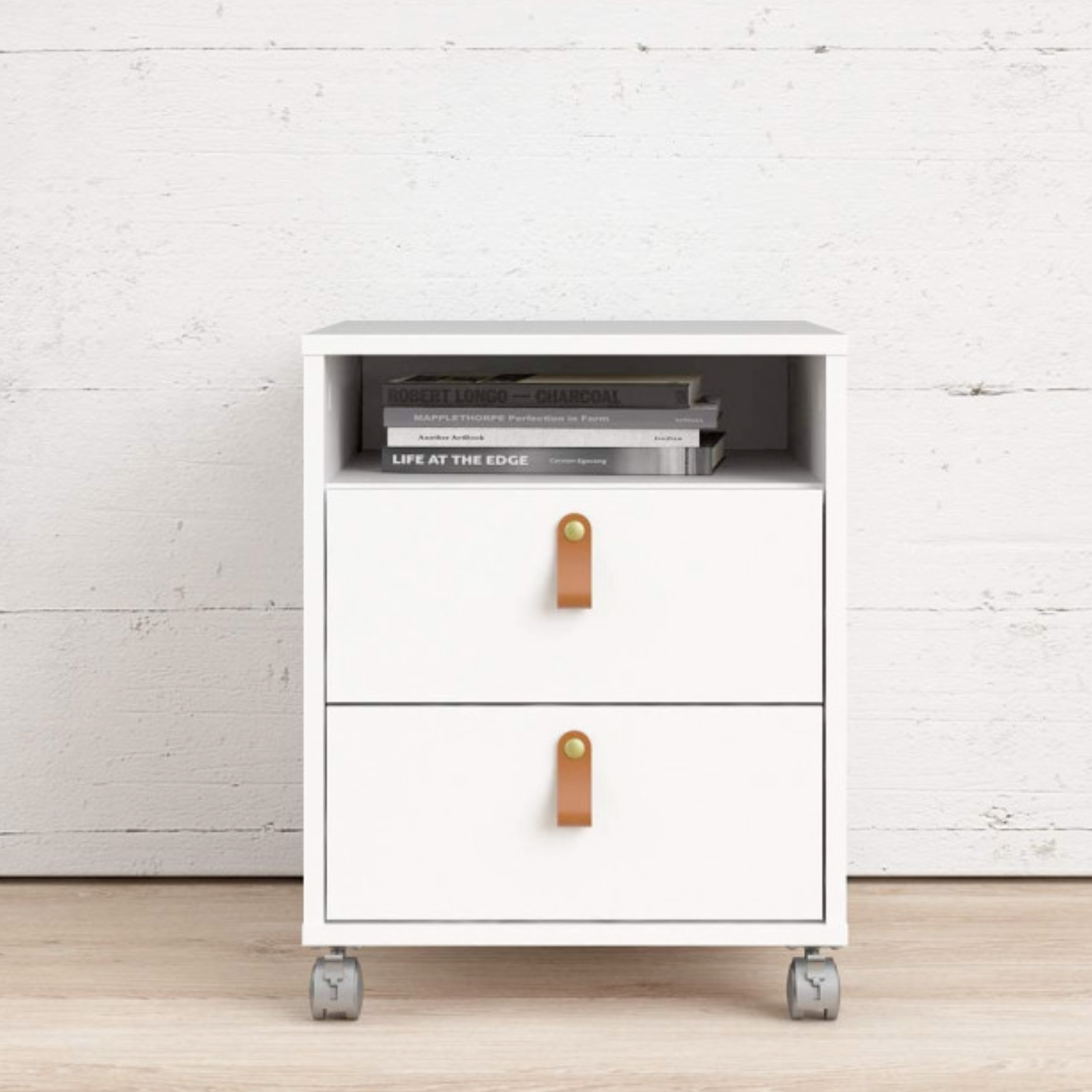 Cassettiera multiuso "Function" in legno bianca con 2 cassetti e ruote per ufficio o cameretta