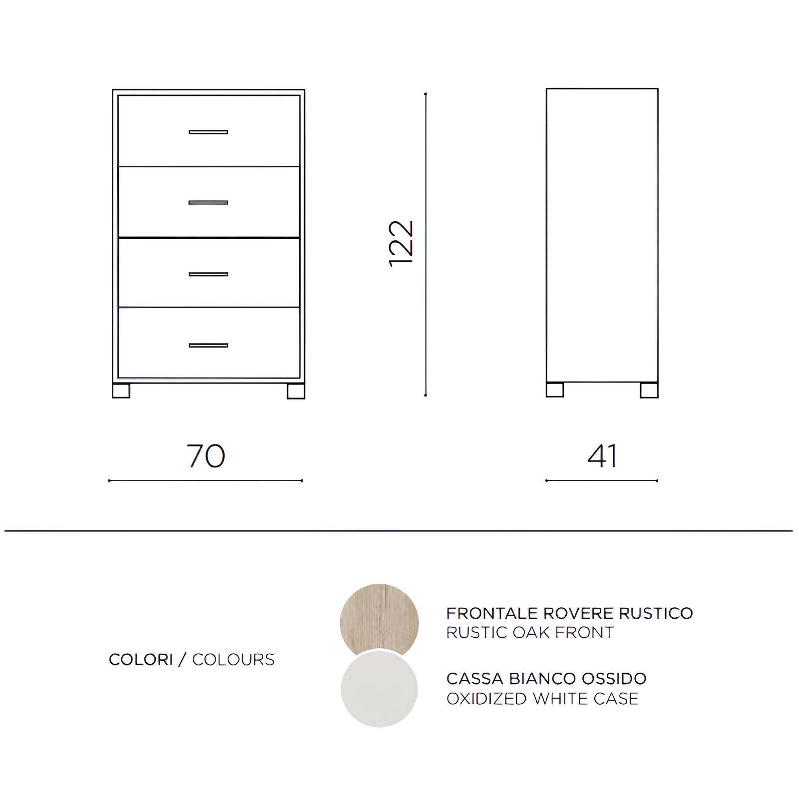 Cassettiera 4 cassetti in melaminico con frontali rovere rustico e struttura bianco fiammato - Lucilla
