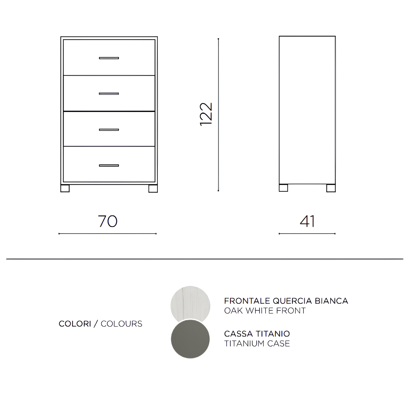 Cassettiera 4 cassetti in melaminico con frontali quercia bianca e struttura titanio - Lucilla