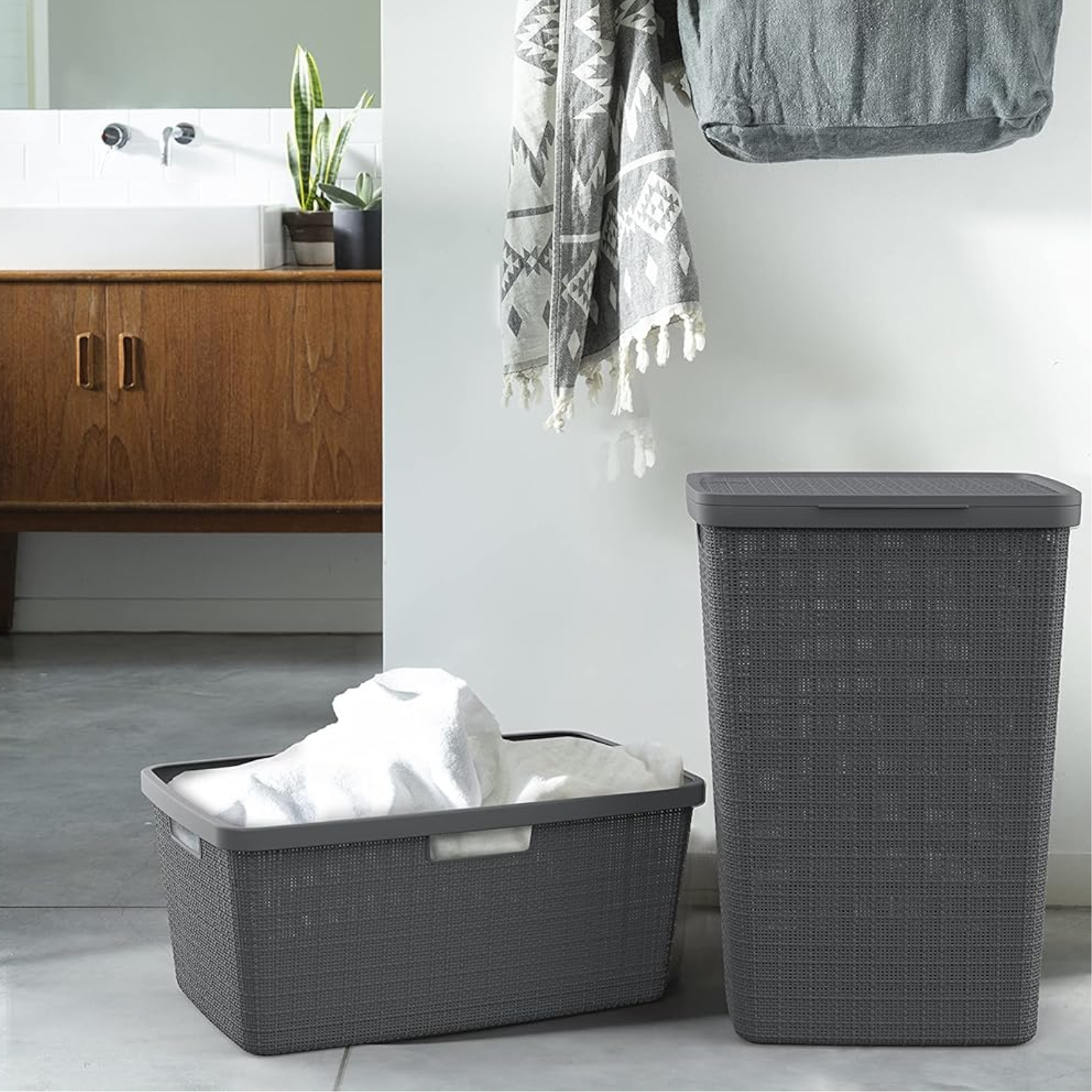 Cesto Portabiancheria effetto juta con coperchio 58 litri antracite - Juta