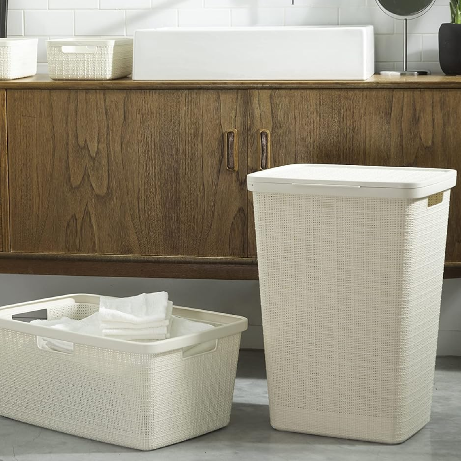 Cesto Portabiancheria effetto juta con coperchio 58 litri bianco - Juta