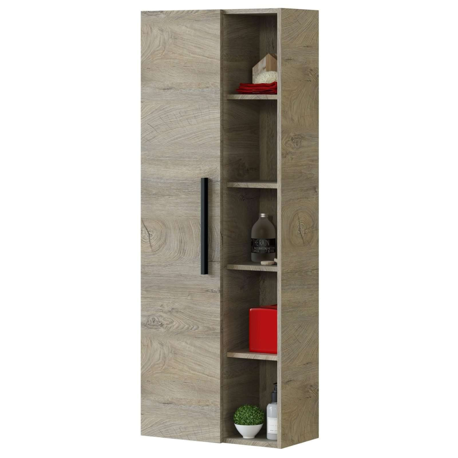 Colonna da bagno sospesa 1 anta 3 ripiani interni e vani a giorno in legno rovere alaska - Athen