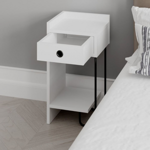 Comodino in legno "Siriu" bianco con 1 cassetto e 1 ripiani inferiore gambe in metallo