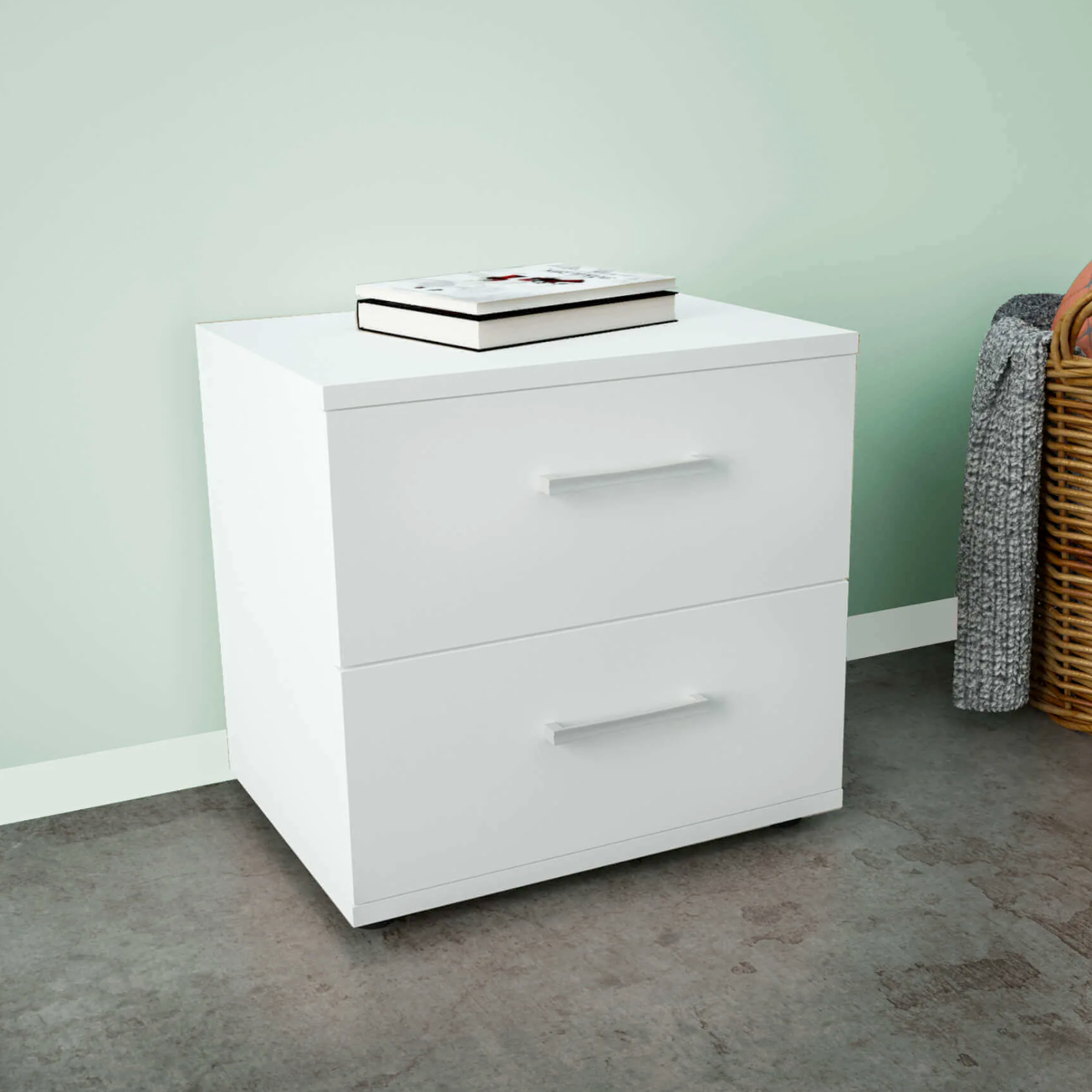 Comodino con 2 cassetti "Venni" bianco in legno salvaspazio design moderno