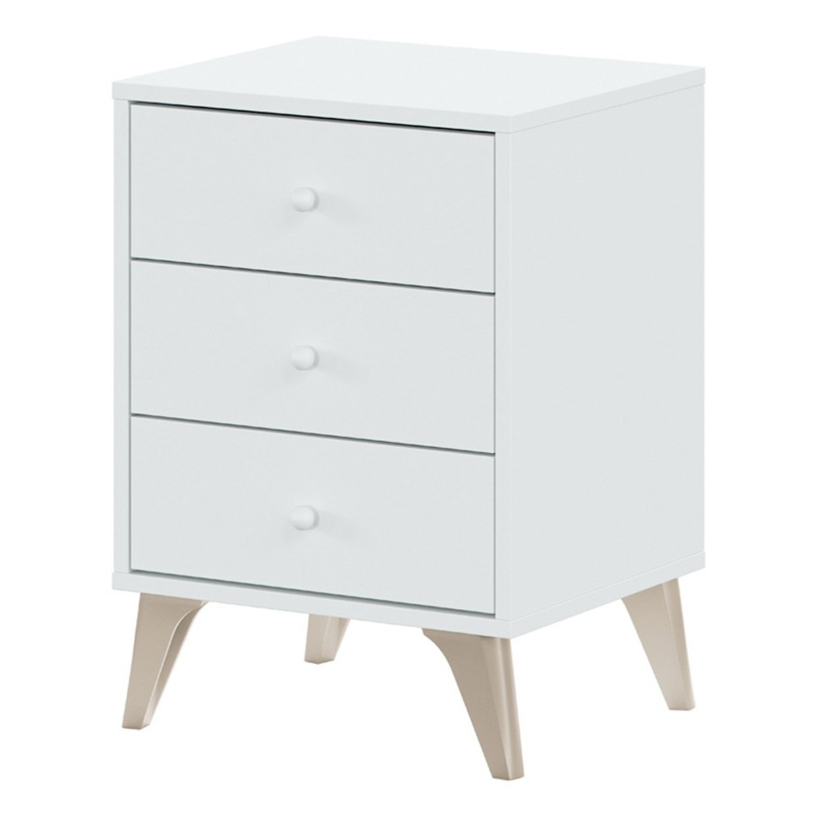 Comodino 3 cassetti "Sweet" bianco in legno con maniglie e piedini in resina guide metalliche