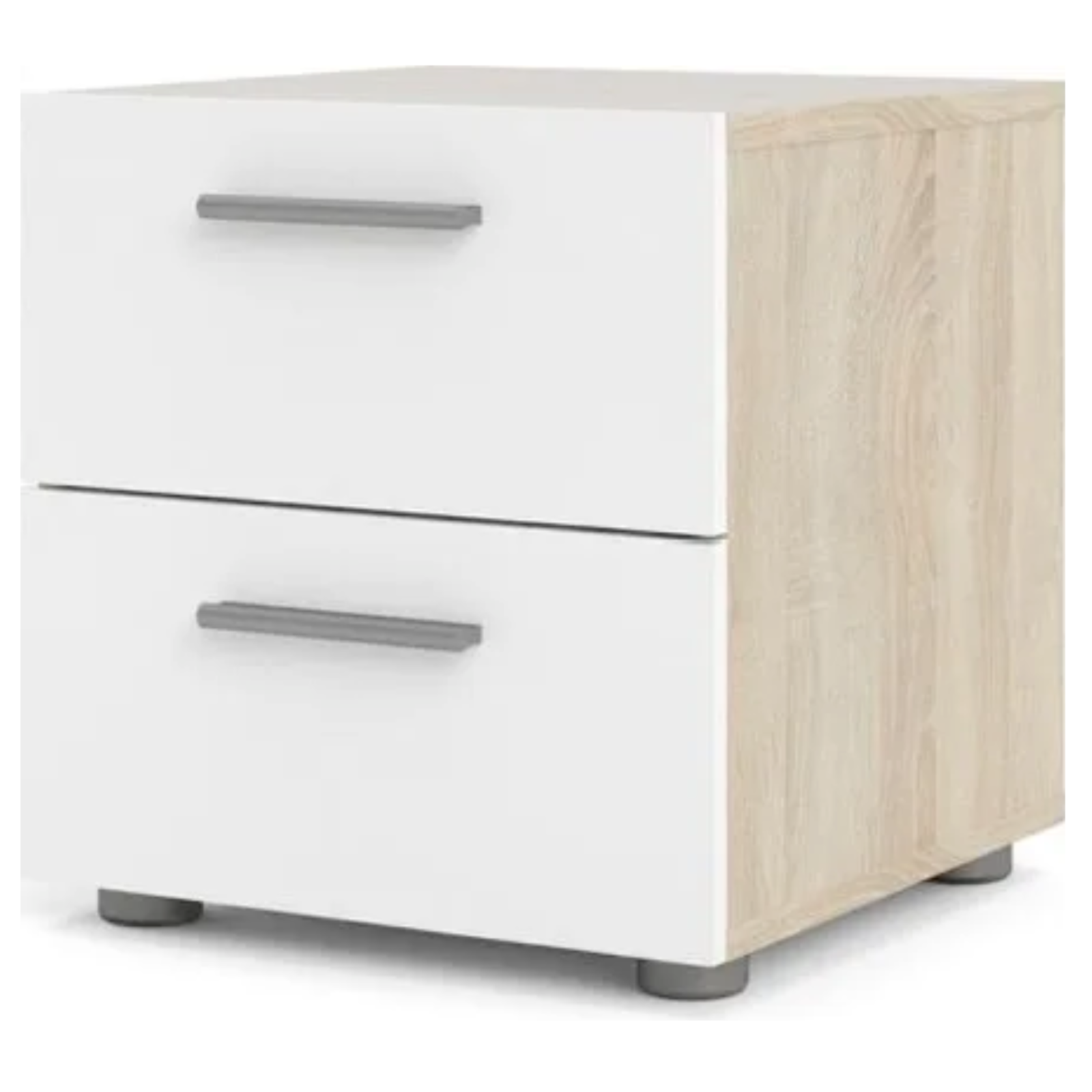 Comodino con 2 cassetti con guide metalliche "Marta" quercia e bianco lucido per camera da letto o cameretta