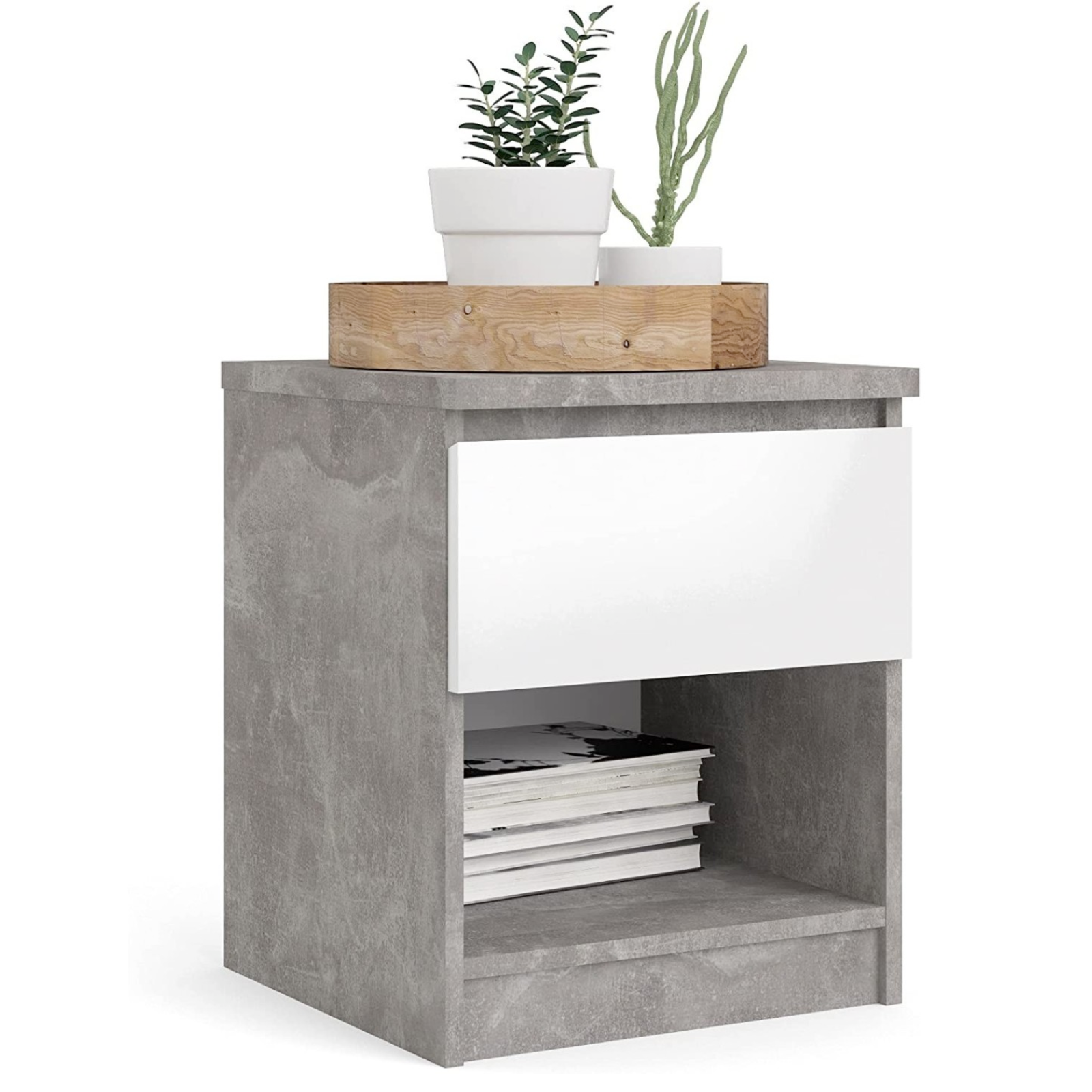 Comodino con 2 cassetti in legno guide metalliche cemento e bianco per camera o camera da letto - Linea Mina