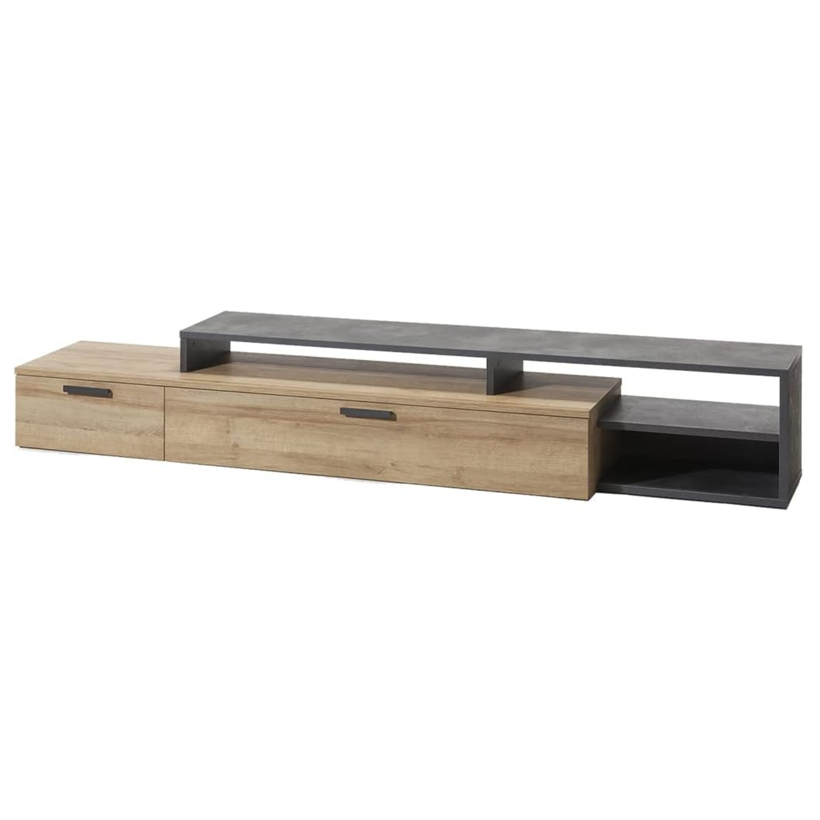 Credenza moderna "Victor" bassa in nobilitato truciolare con ripiano sovrapposto e doppio cassetto rovere e grigio
