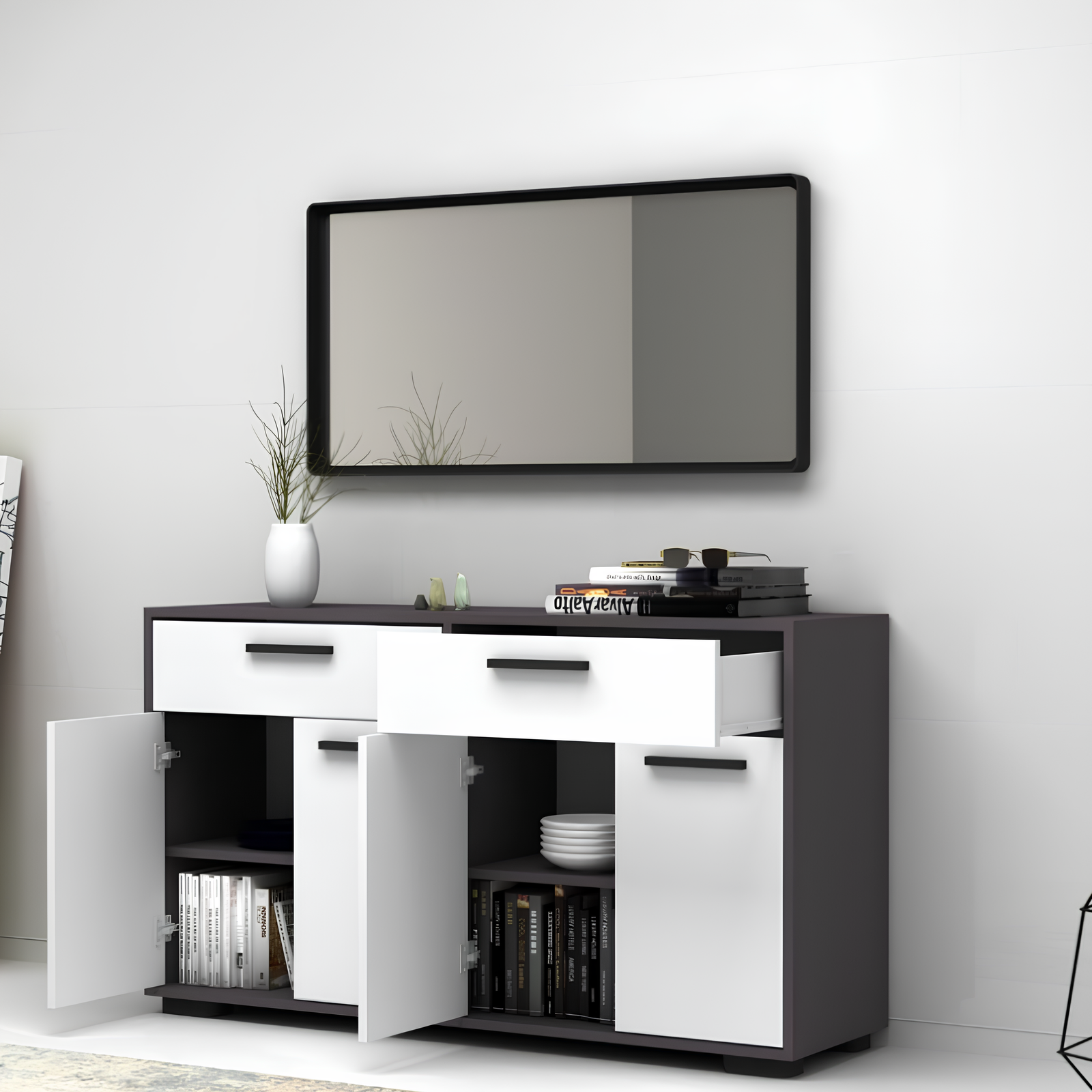 Credenza da soggiorno design moderno antracite e bianco 4 ante e 2 cassetti - Truvy