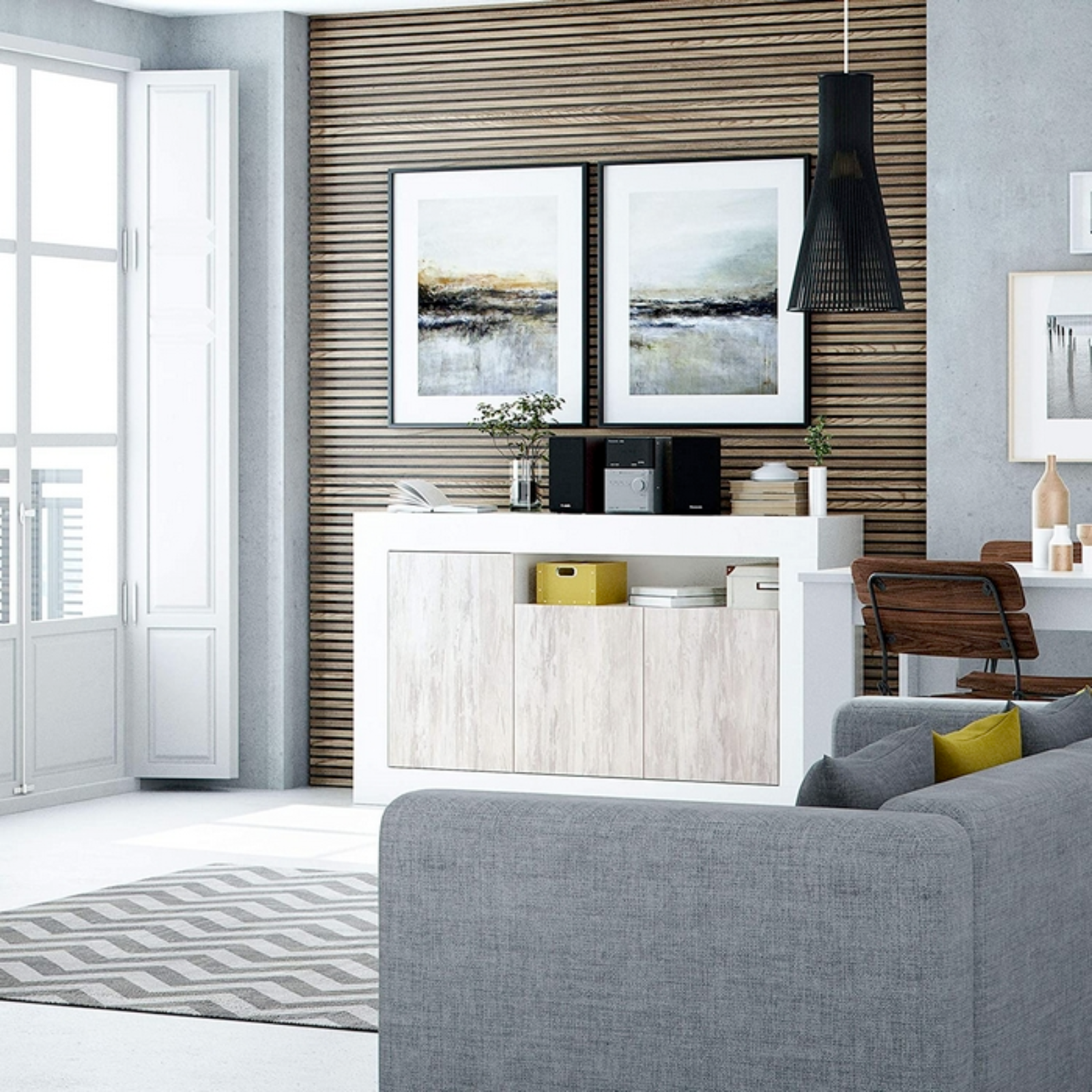Credenza "Baltic" con struttura in legno design moderno a 3 ante bianco anticato