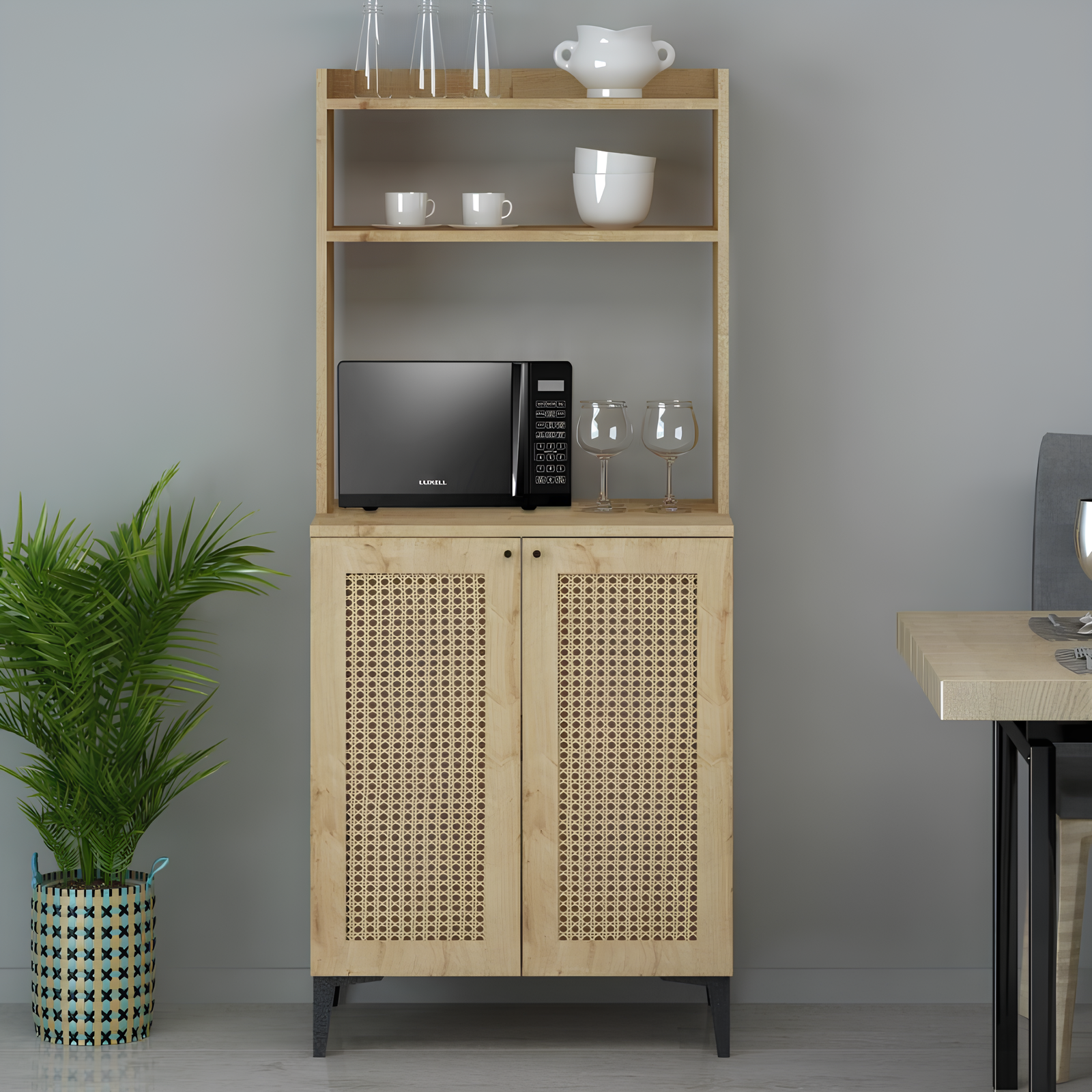 Credenza alta design moderno rovere 2 ante effetto rattan e ripiani - Zan