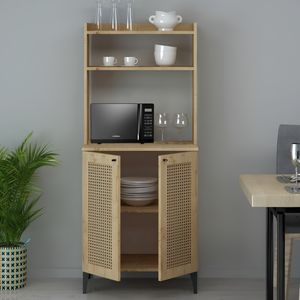 Credenza alta design moderno rovere 2 ante effetto rattan e ripiani - Zan