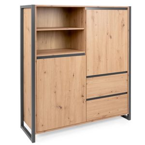 Credenza alta da soggiorno in legno color quercia con profili antracite con 2 ante 2 cassetti e 2 vani a giorno