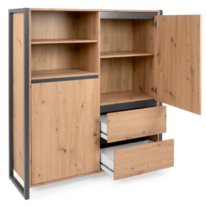 Credenza alta da soggiorno in legno color quercia con profili antracite con 2 ante 2 cassetti e 2 vani a giorno