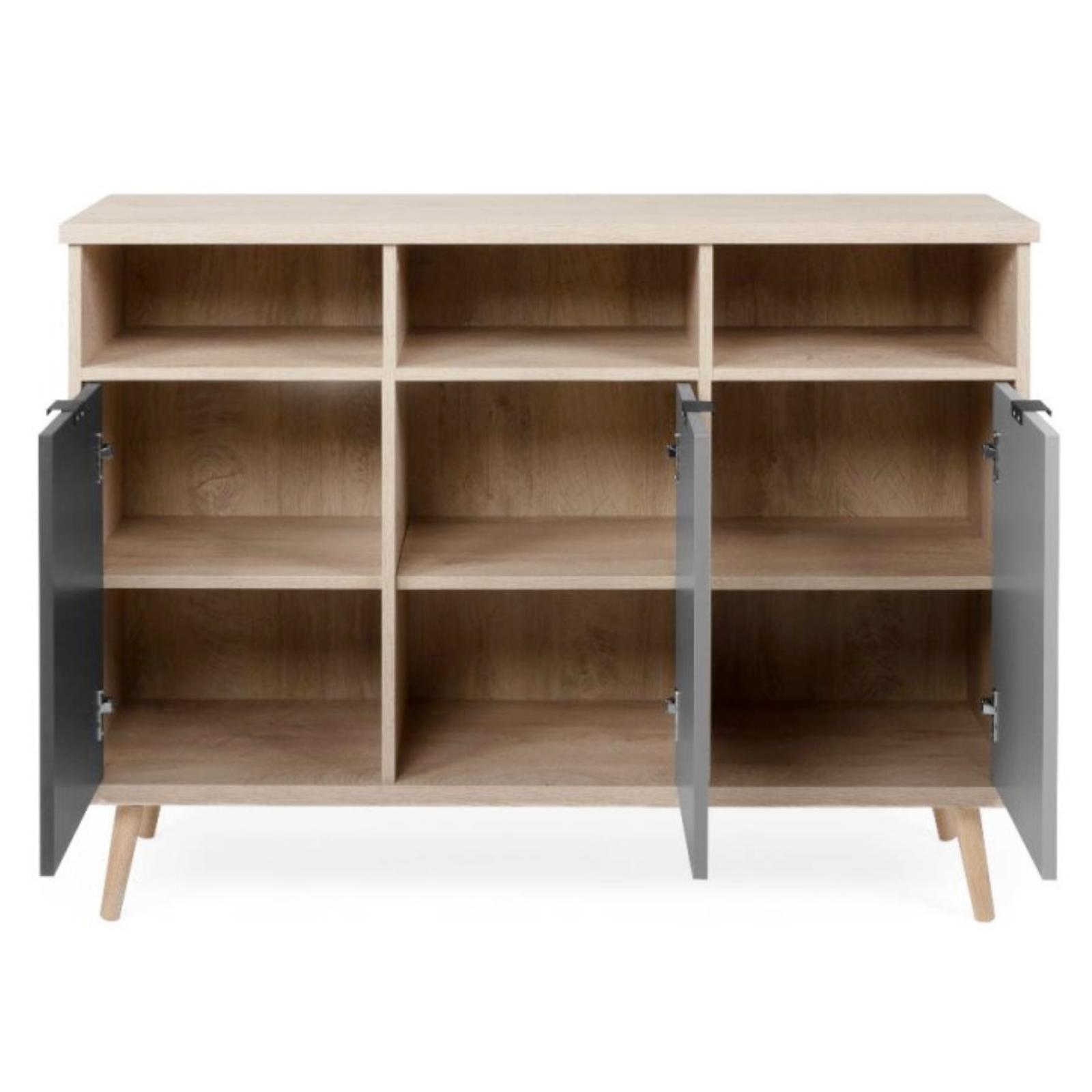 Credenza design moderno "Durango" con 3 ante e 3 vani a giorno piedi in legno stile scandinavo