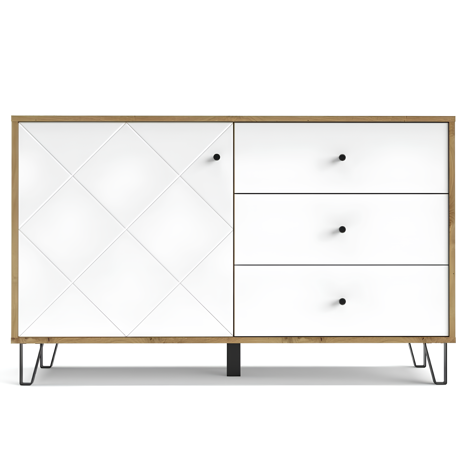 Credenza design moderno con ante design geometrico e 3 cassetti rovere e bianco - Bolli