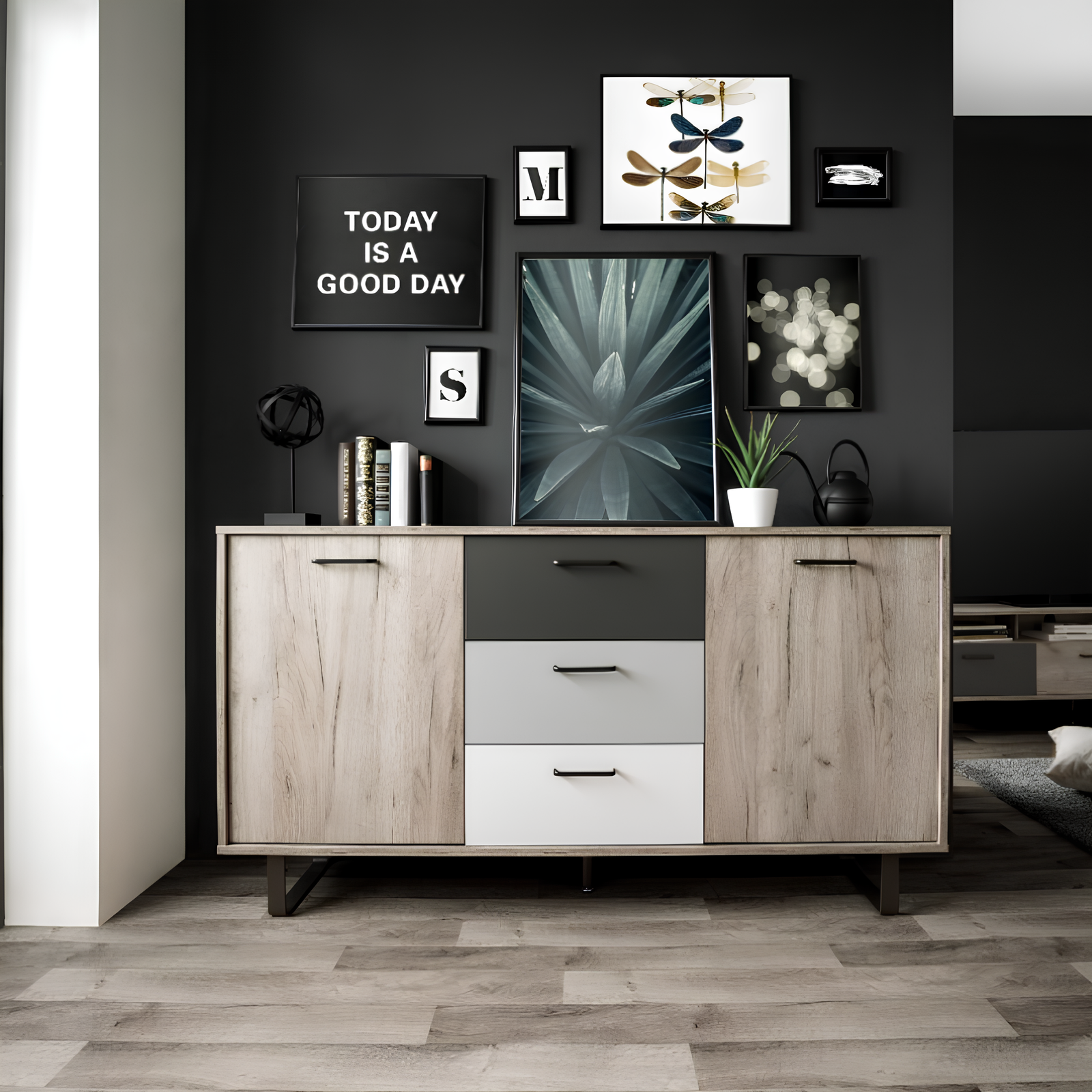 Credenza 160 cm da soggiorno design moderno 2 ante e 3 cassetti - Orly