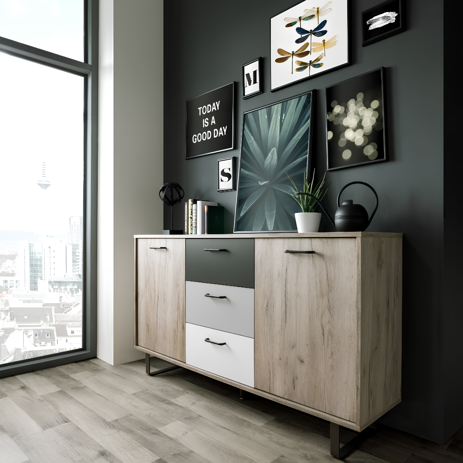 Credenza 160 cm da soggiorno design moderno 2 ante e 3 cassetti - Orly
