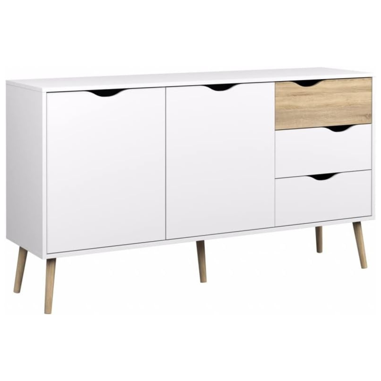 Credenza moderna "Osma" da soggiorno bianca e rovere con 2 ante e 3 cassetti