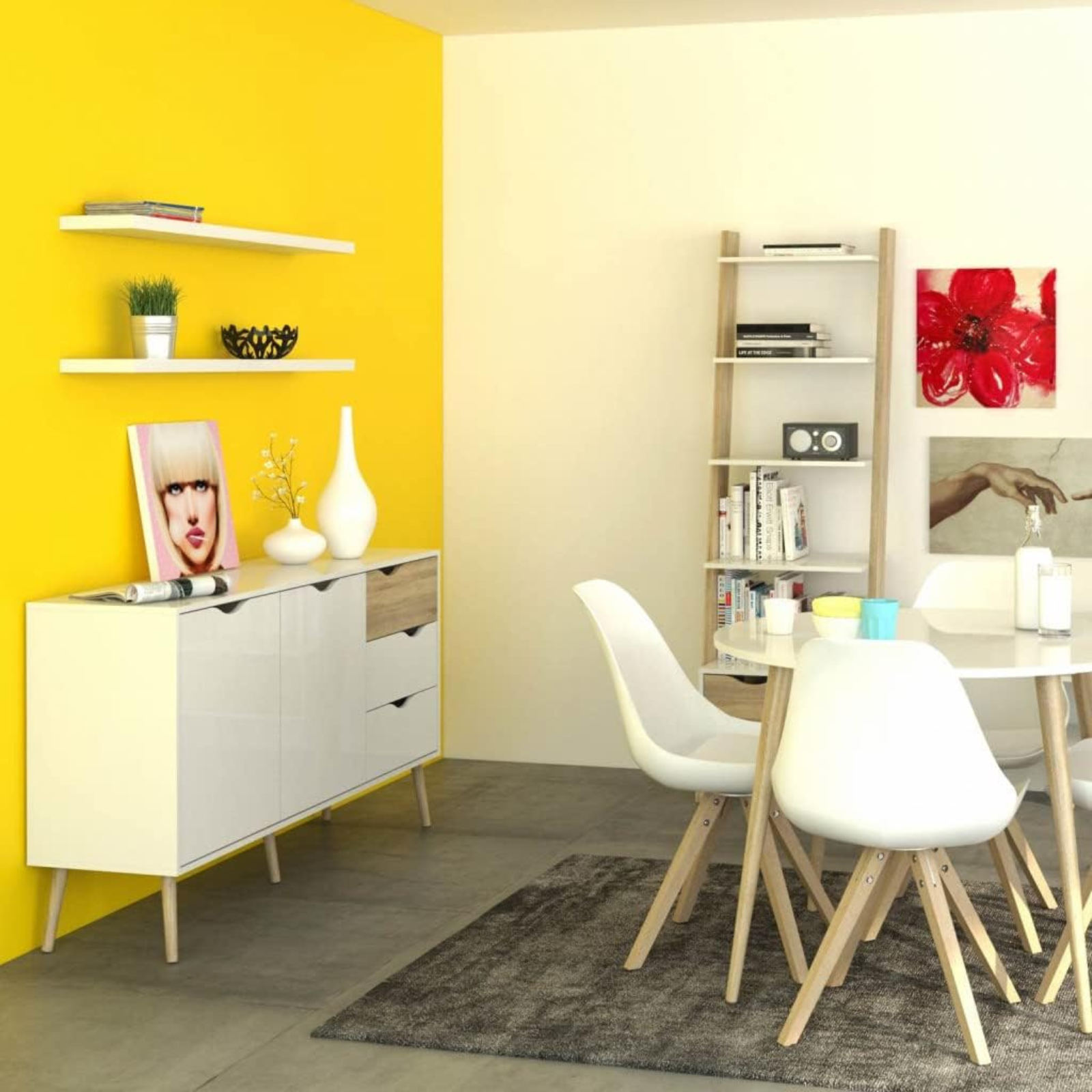 Credenza moderna "Osma" da soggiorno bianca e rovere con 2 ante e 3 cassetti